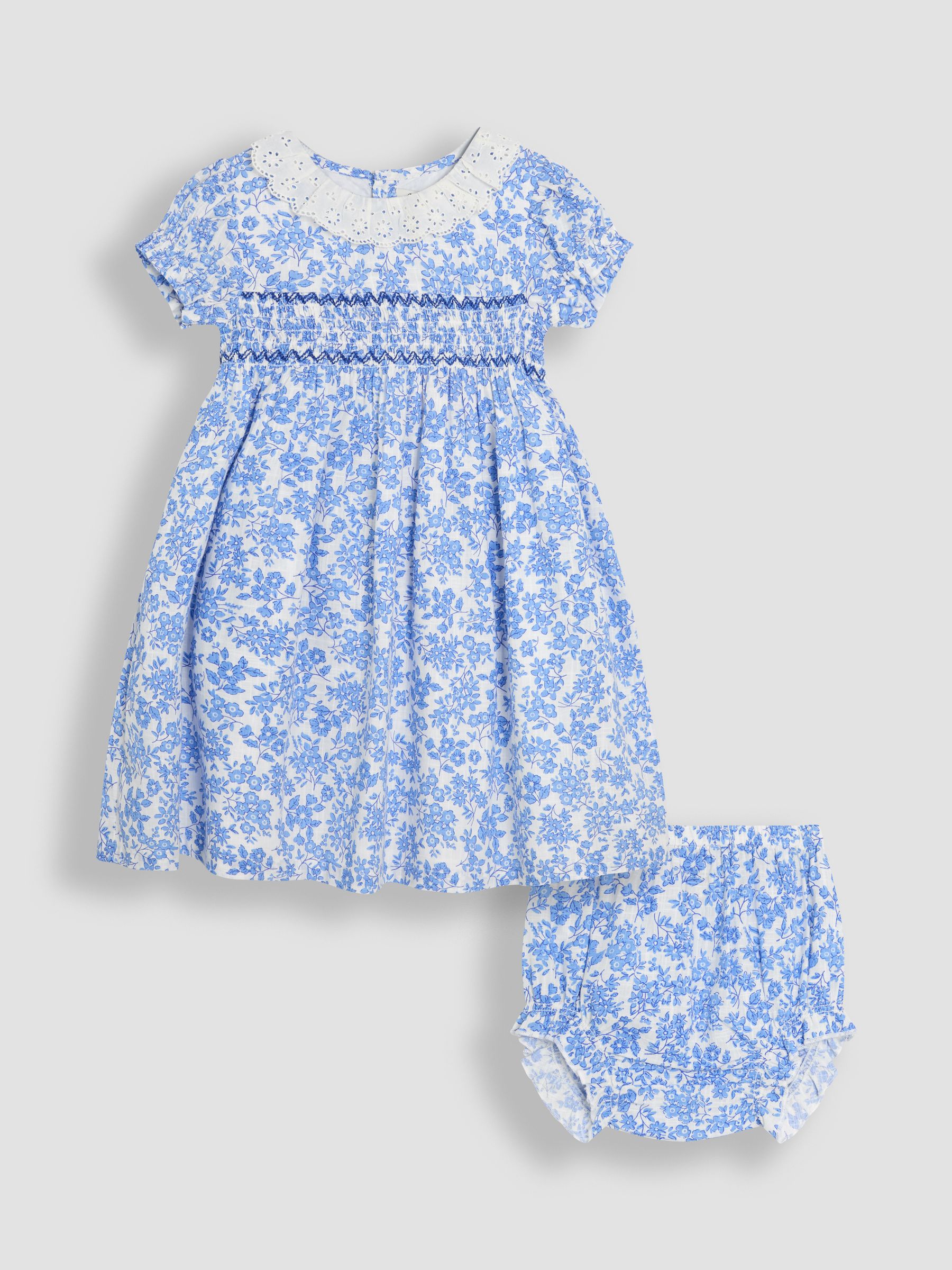 Blue Floral Smocked Woven 100% Cotton Dress - Image 1 of 6