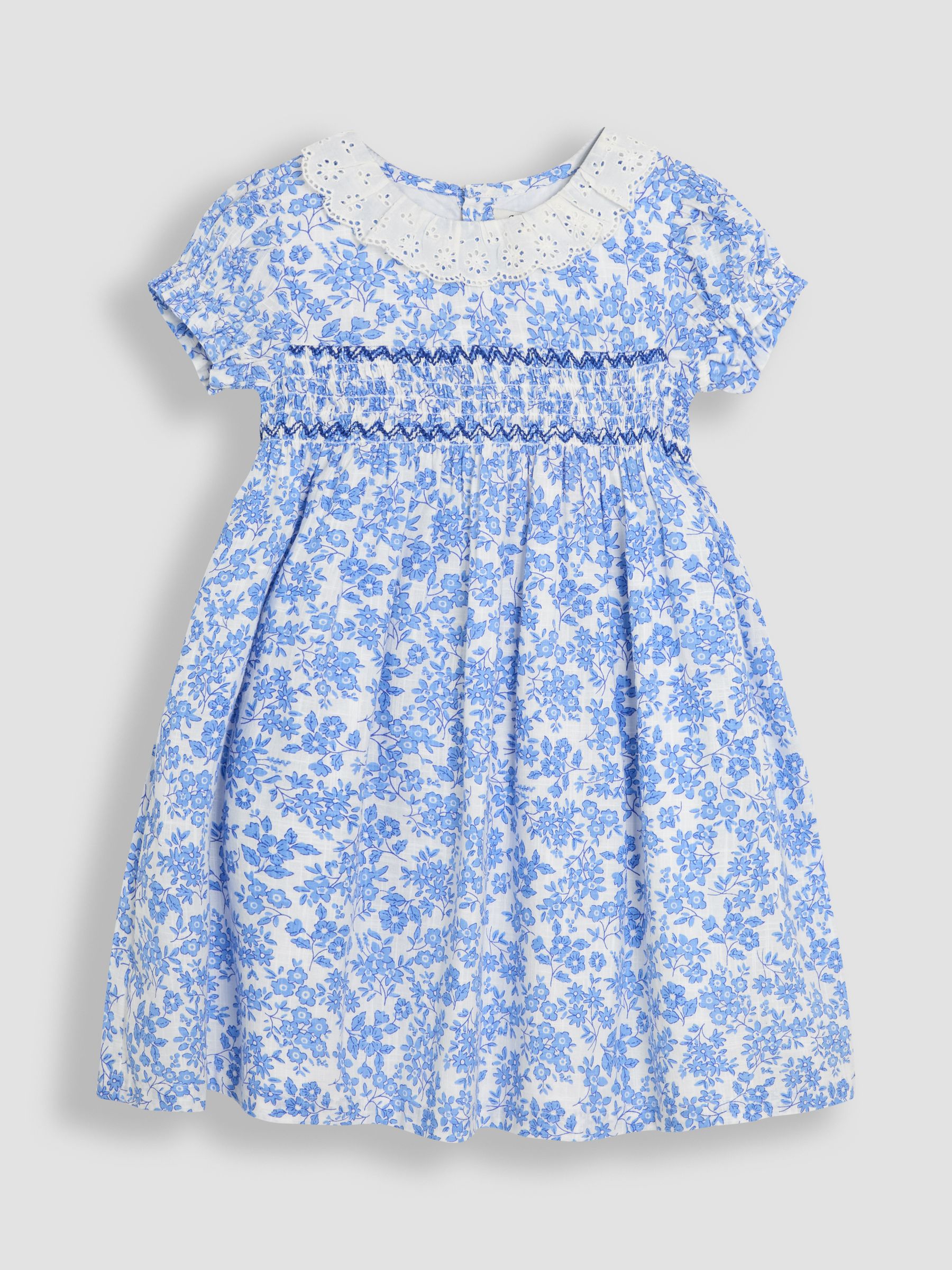 Blue Floral Smocked Woven 100% Cotton Dress - Image 2 of 6