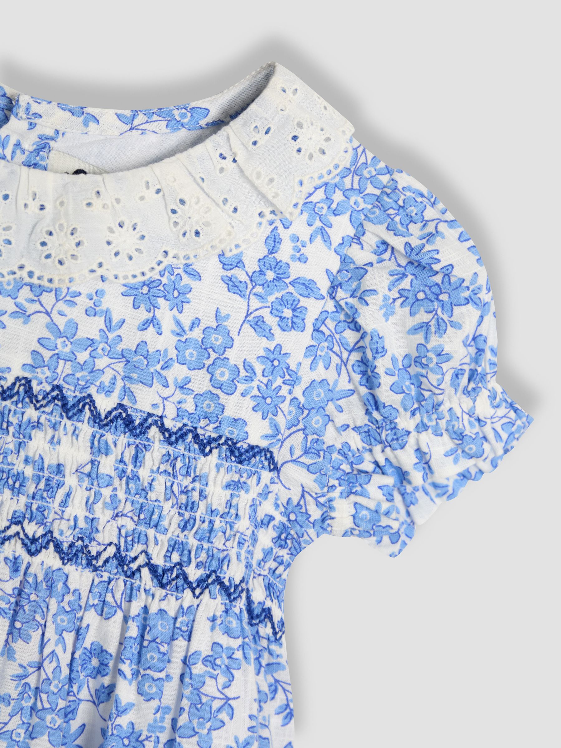 Blue Floral Smocked Woven 100% Cotton Dress - Image 6 of 6
