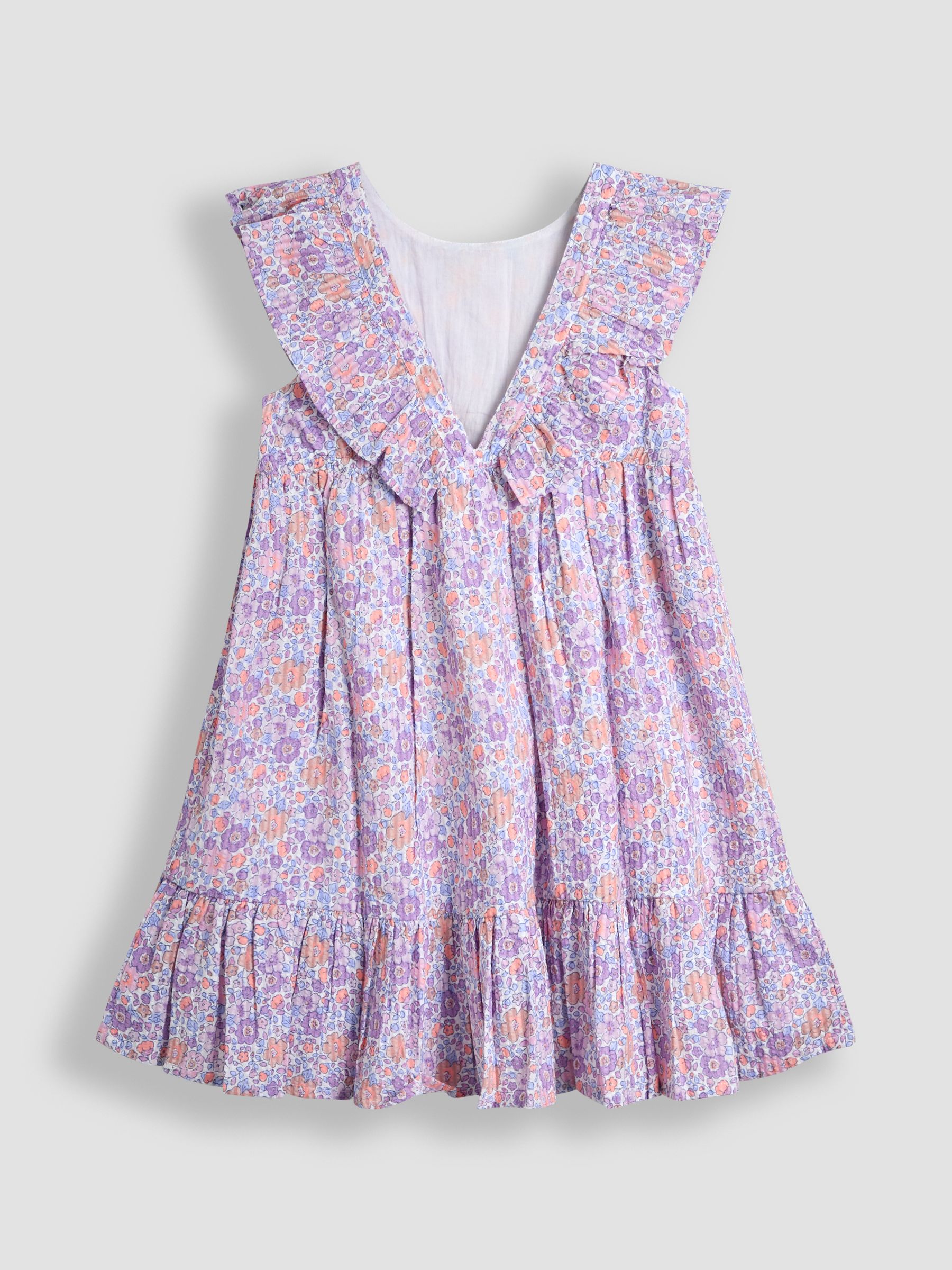Lilac Purple Tropical Frill Back Summer 100% Cotton Dress - Image 2 of 3
