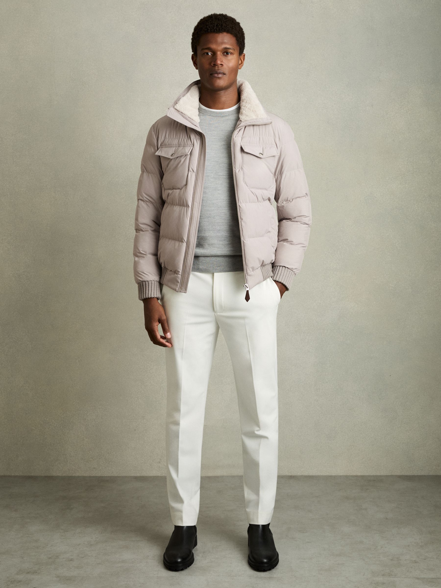 Reiss Faux-Fur Collar Puffer Jacket in Grey - REISS