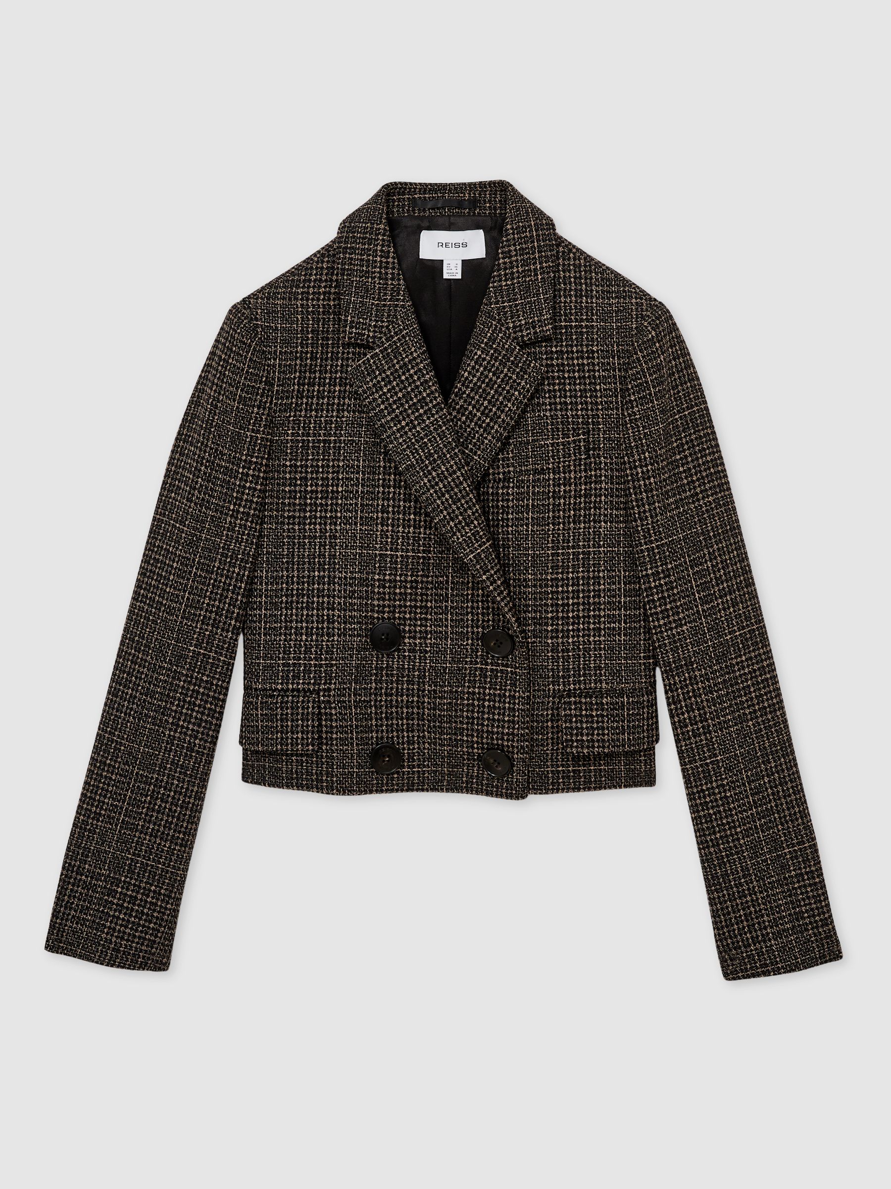 Double-Breasted Tweed Cropped Blazer in Brown Check - Image 3 of 9