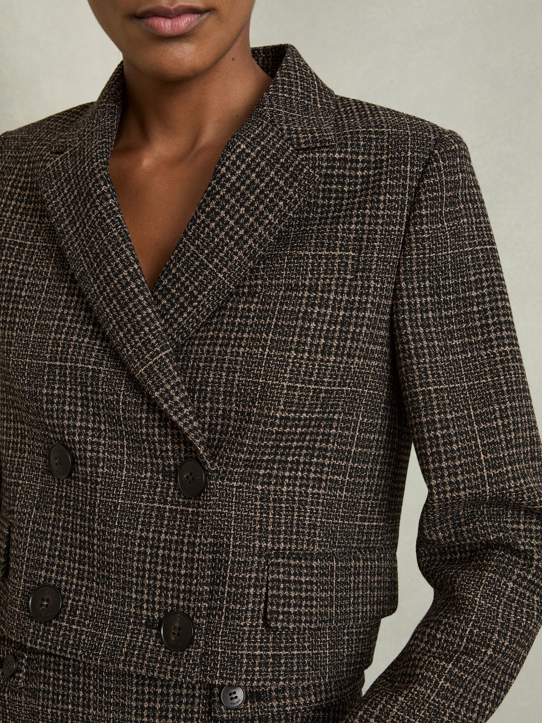 Double-Breasted Tweed Cropped Blazer in Brown Check - Image 4 of 9