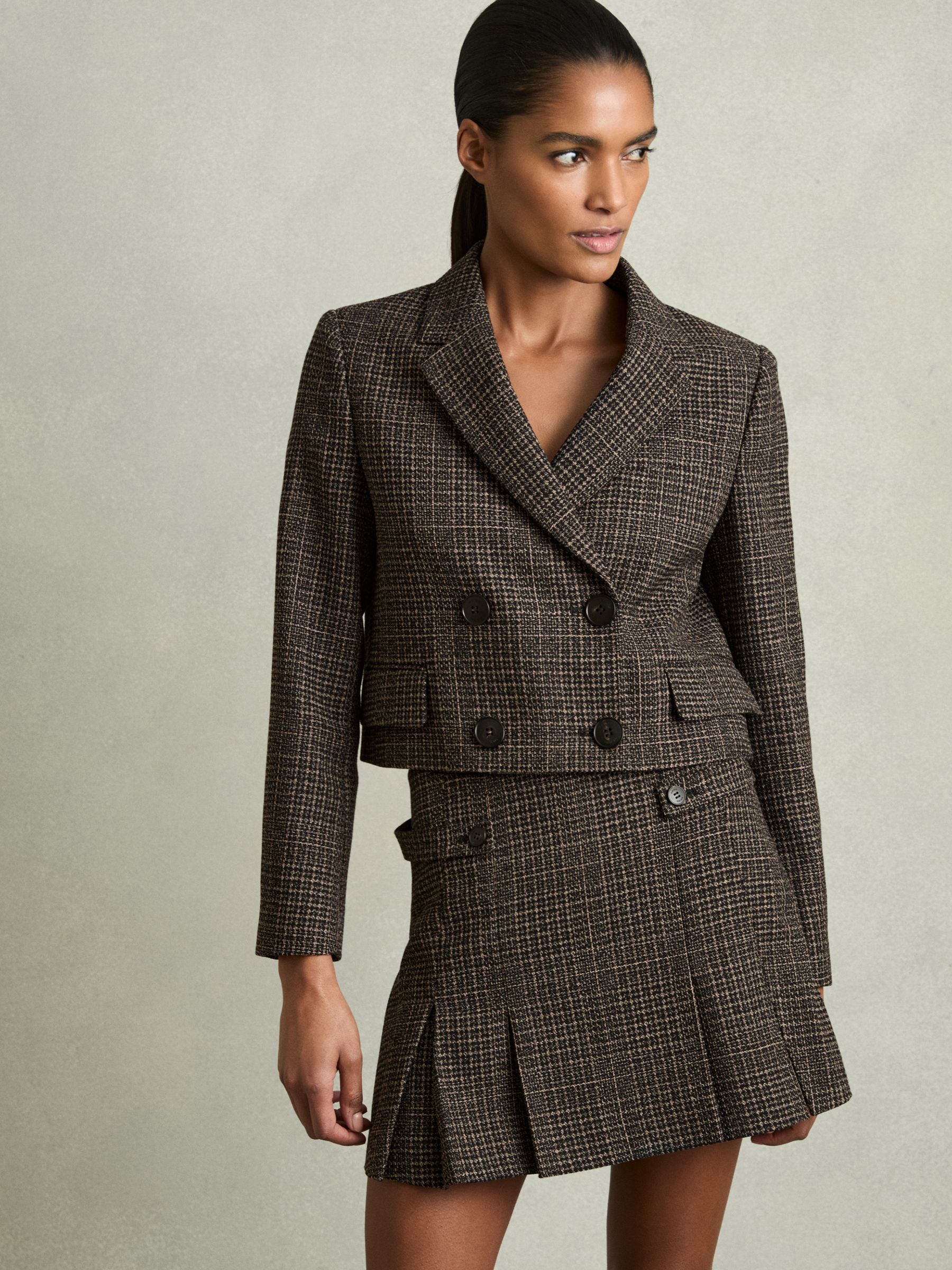 Double-Breasted Tweed Cropped Blazer in Brown Check - Image 5 of 9