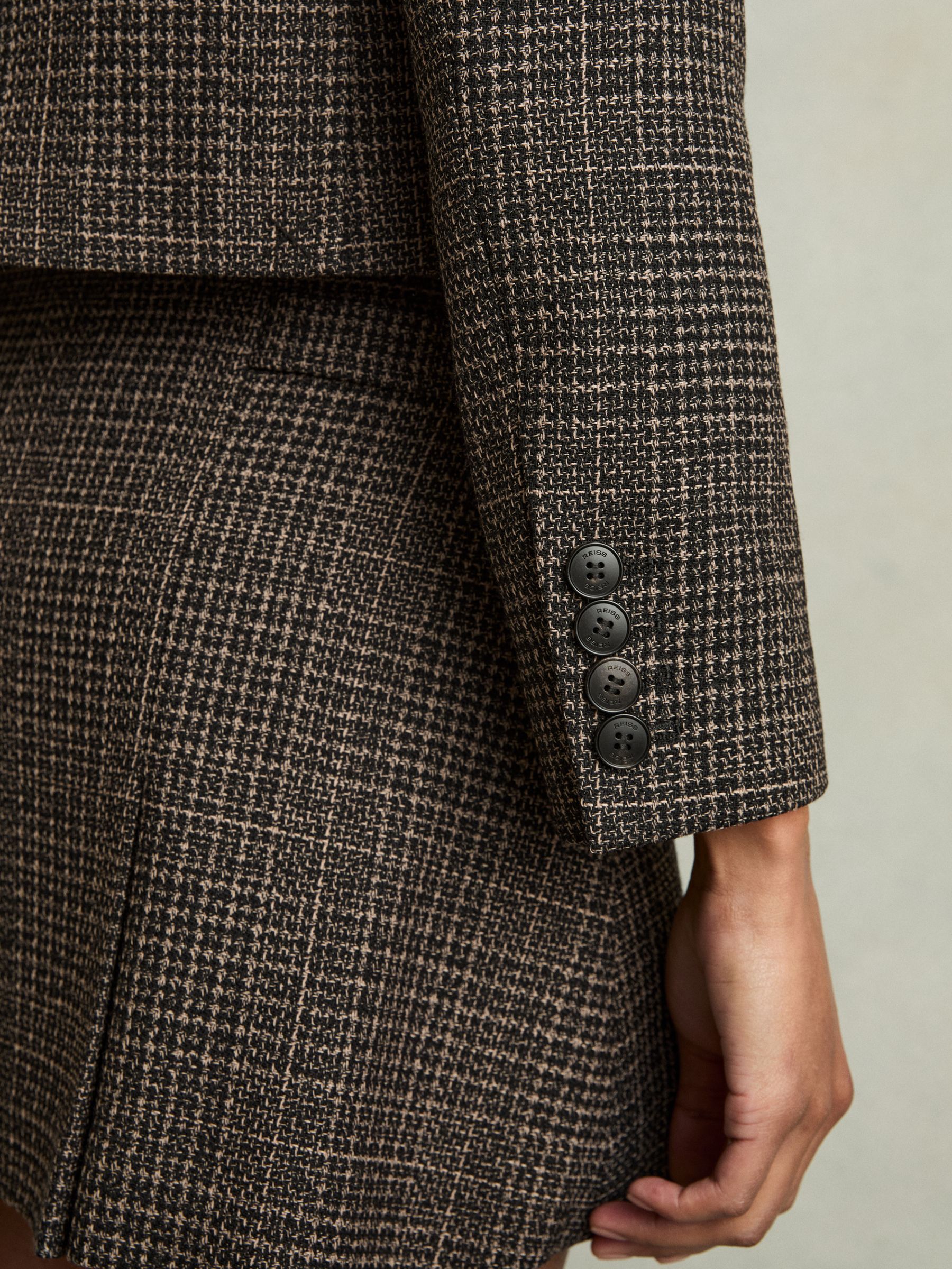 Double-Breasted Tweed Cropped Blazer in Brown Check - Image 6 of 9