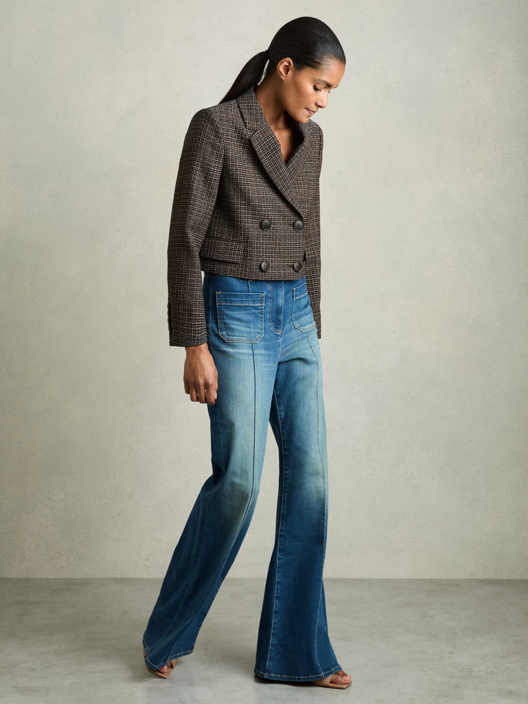 Double-Breasted Tweed Cropped Blazer in Brown Check - Image 8 of 9
