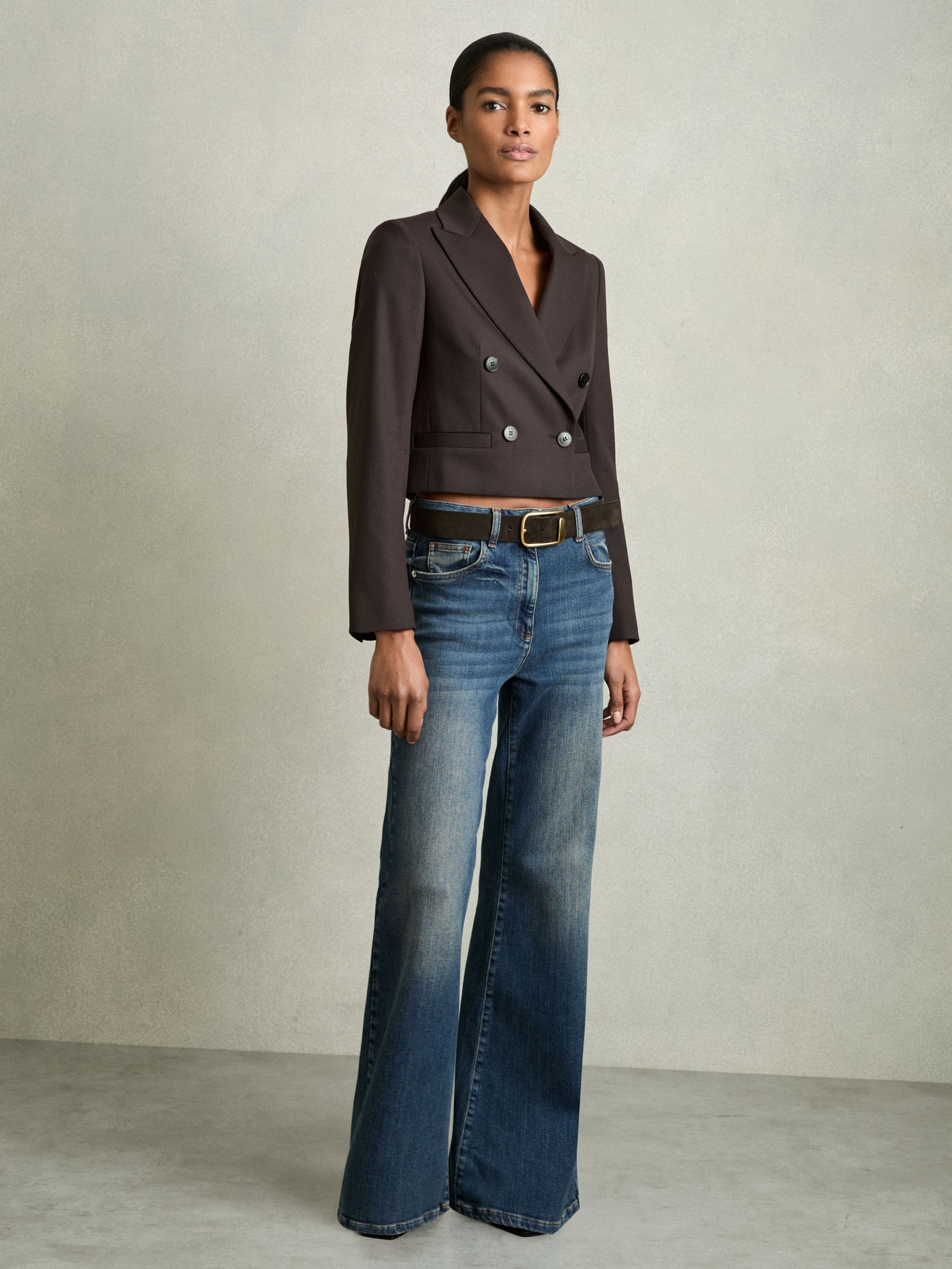 Double-Breasted Cropped Blazer Wool-Blend in Chocolate Brown - Image 3 of 7