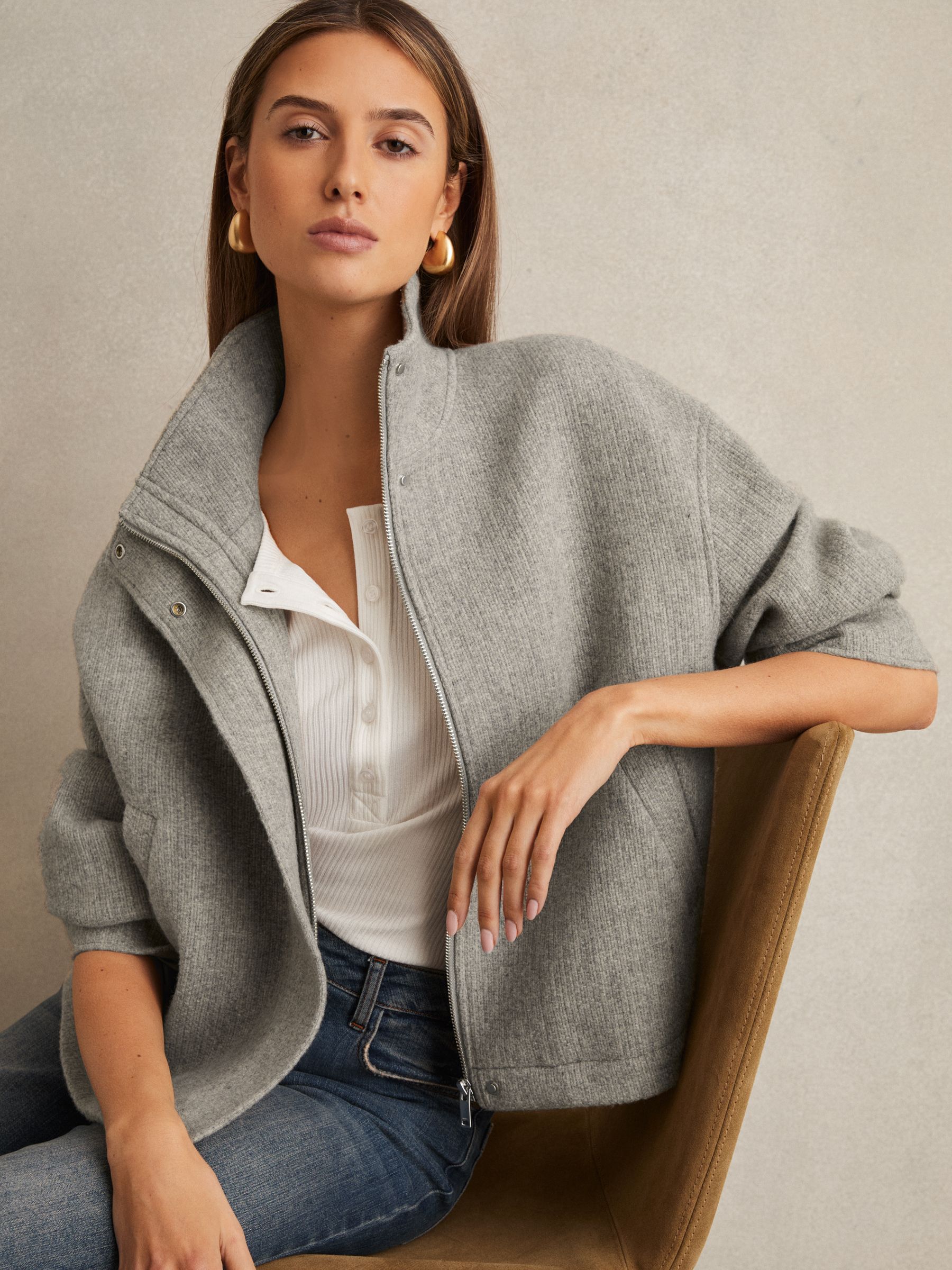 Wool Funnel-Neck Bomber Jacket in Grey - Image 1 of 7 Wool Funnel-Neck Bomber Jacket in Grey - Image 1 of 7