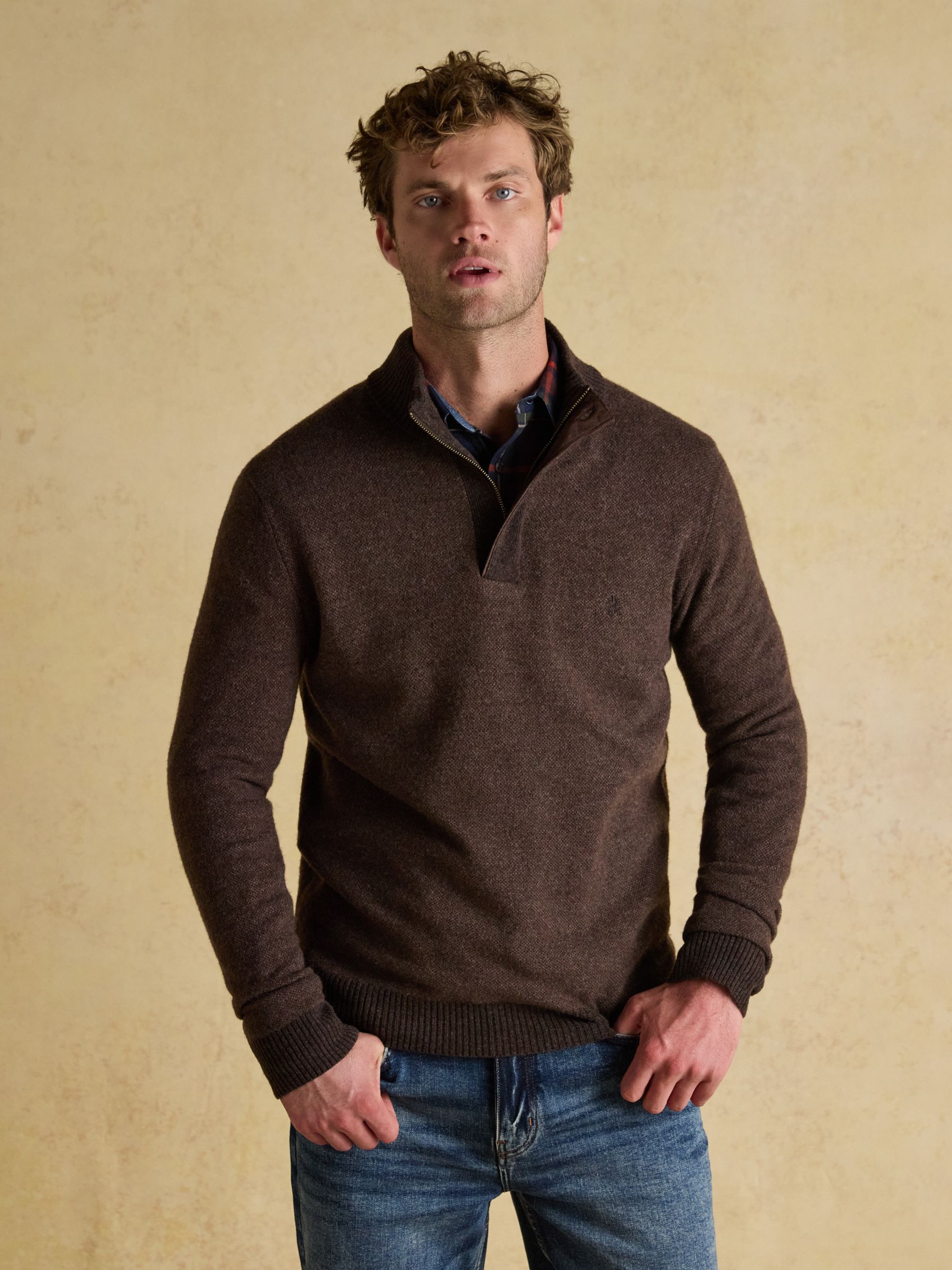 Highland Brown Wool-Rich Button Quarter Zip Jumper - Image 1 of 8 Highland Brown Wool-Rich Button Quarter Zip Jumper - Image 1 of 8