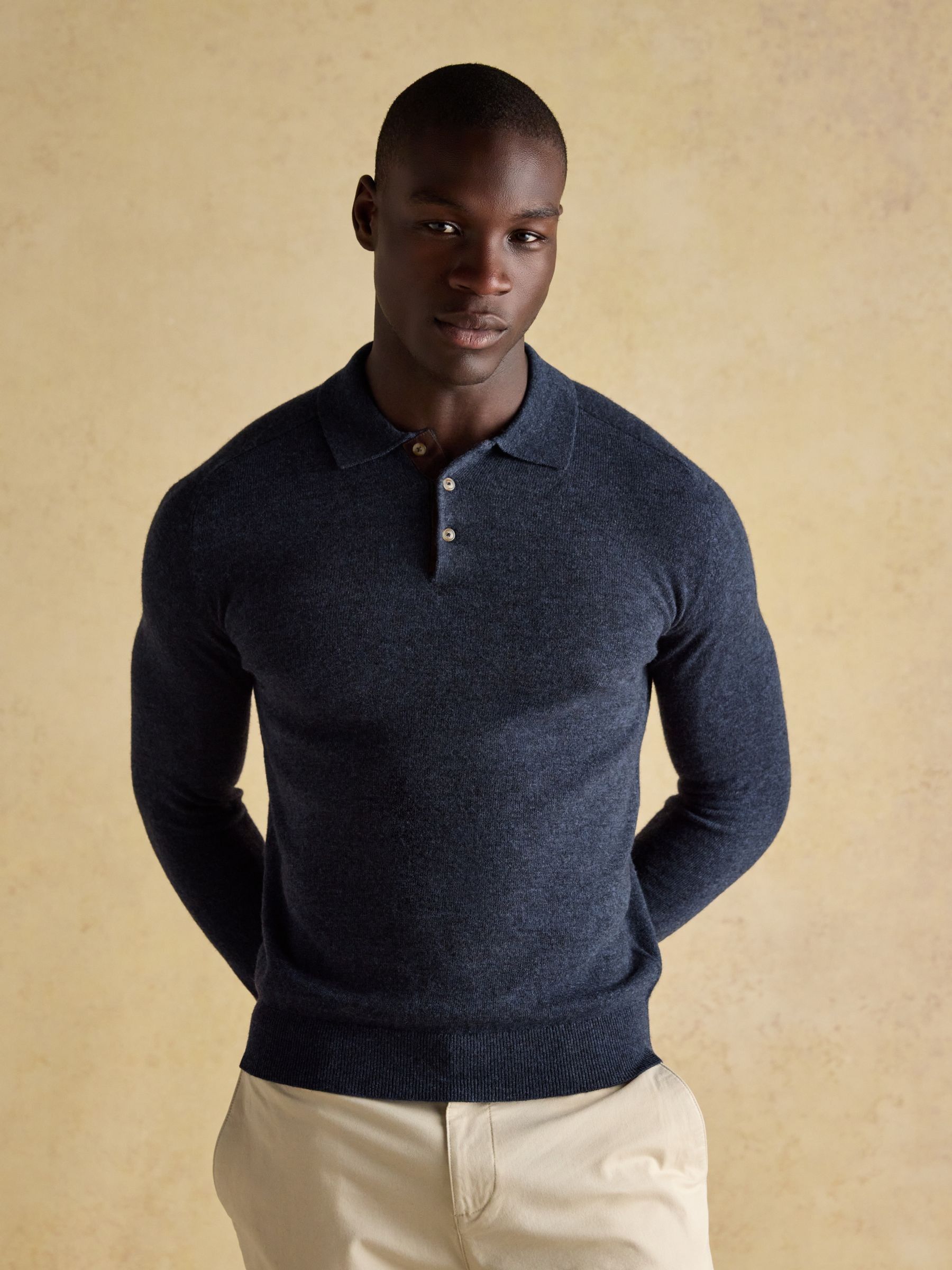 トップス BOUTIQUE LONG SLEEVE KNIT POLO SHIRT Sampson Wool-Rich Navy Long Sleeve Knitted Polo Shirt | Joules