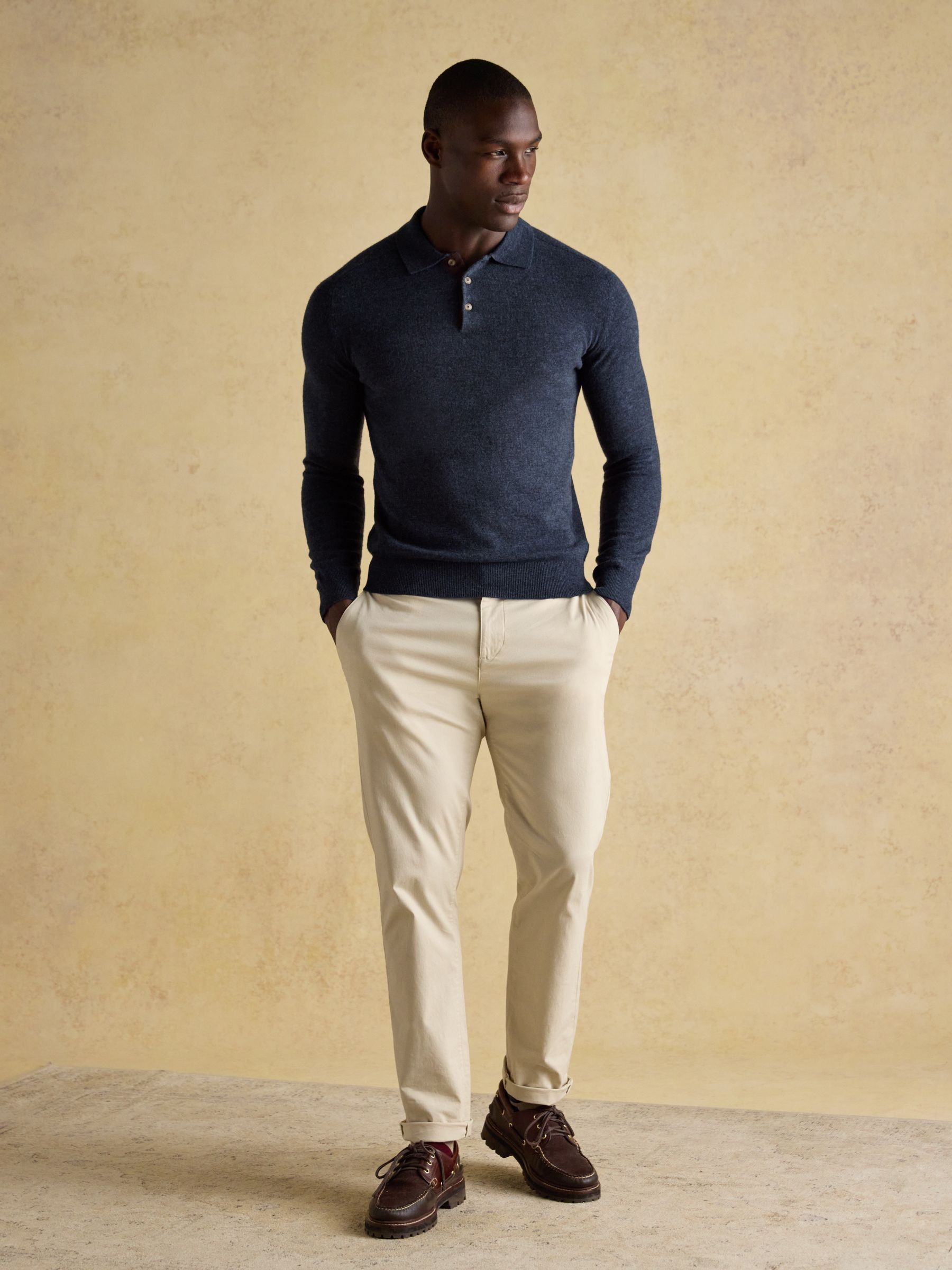 Sampson Wool-Rich Navy Long Sleeve Knitted Polo Shirt | Joules