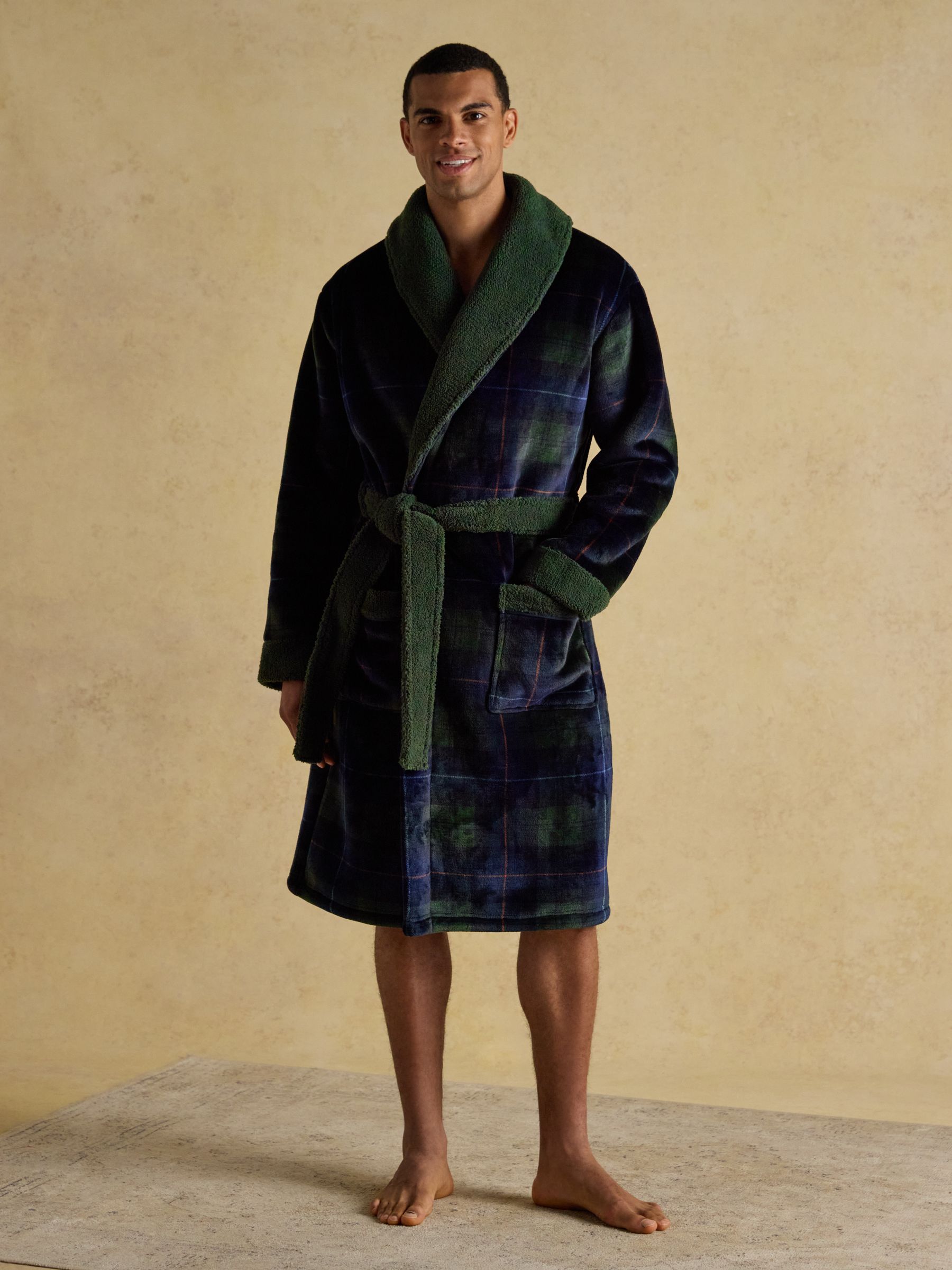 Montague Green/Navy Fleece Dressing Gown - Image 1 of 7