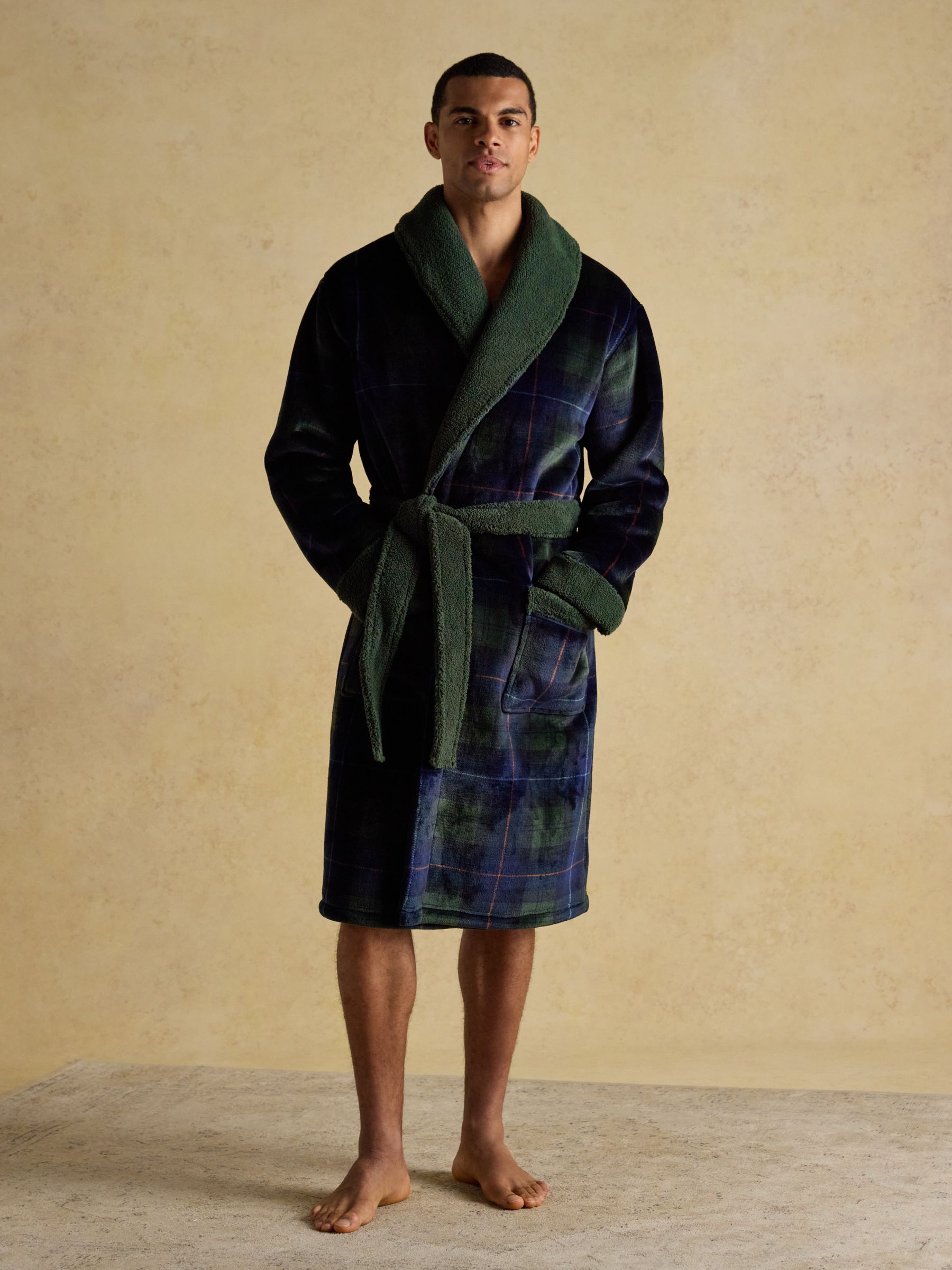 Montague Green/Navy Fleece Dressing Gown - Image 3 of 7