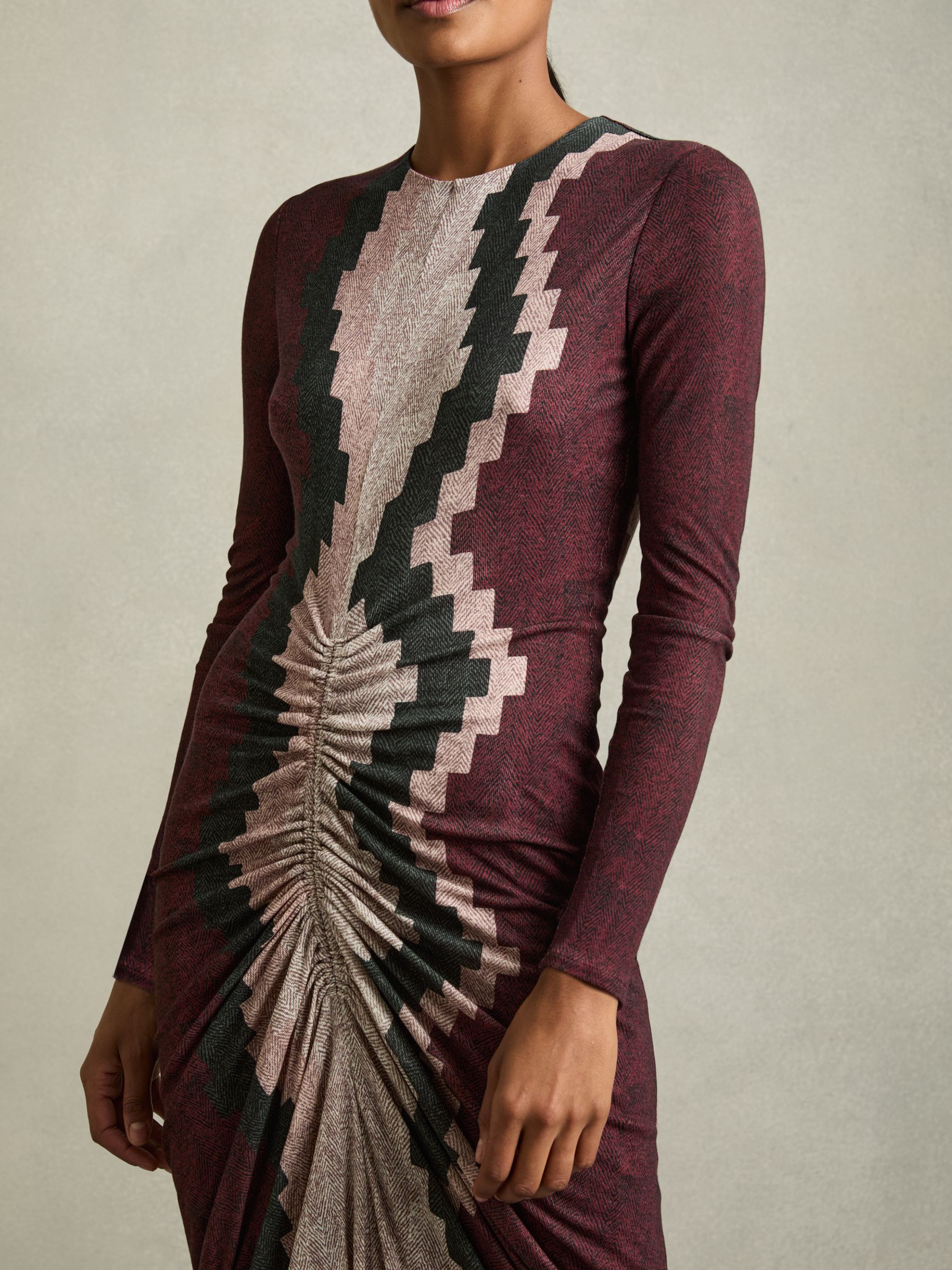 Petite Jersey Ruched Printed Dress With Wool in Burgundy - Image 3 of 6