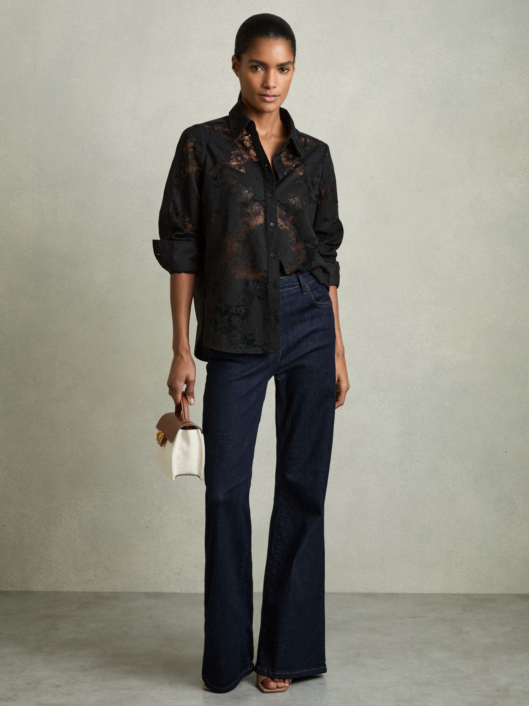 Lace-Front Shirt With Cotton in Black - Image 3 of 6