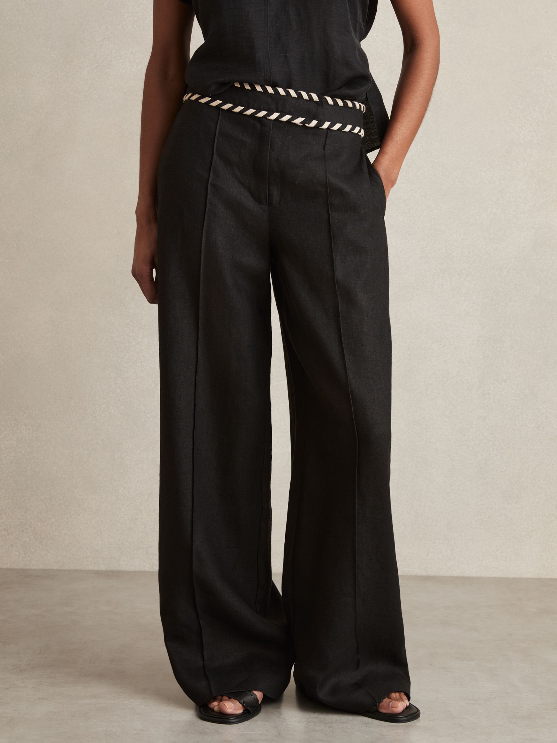 Linen Wide-Leg Whipstitch Trousers in Black - Image 3 of 6