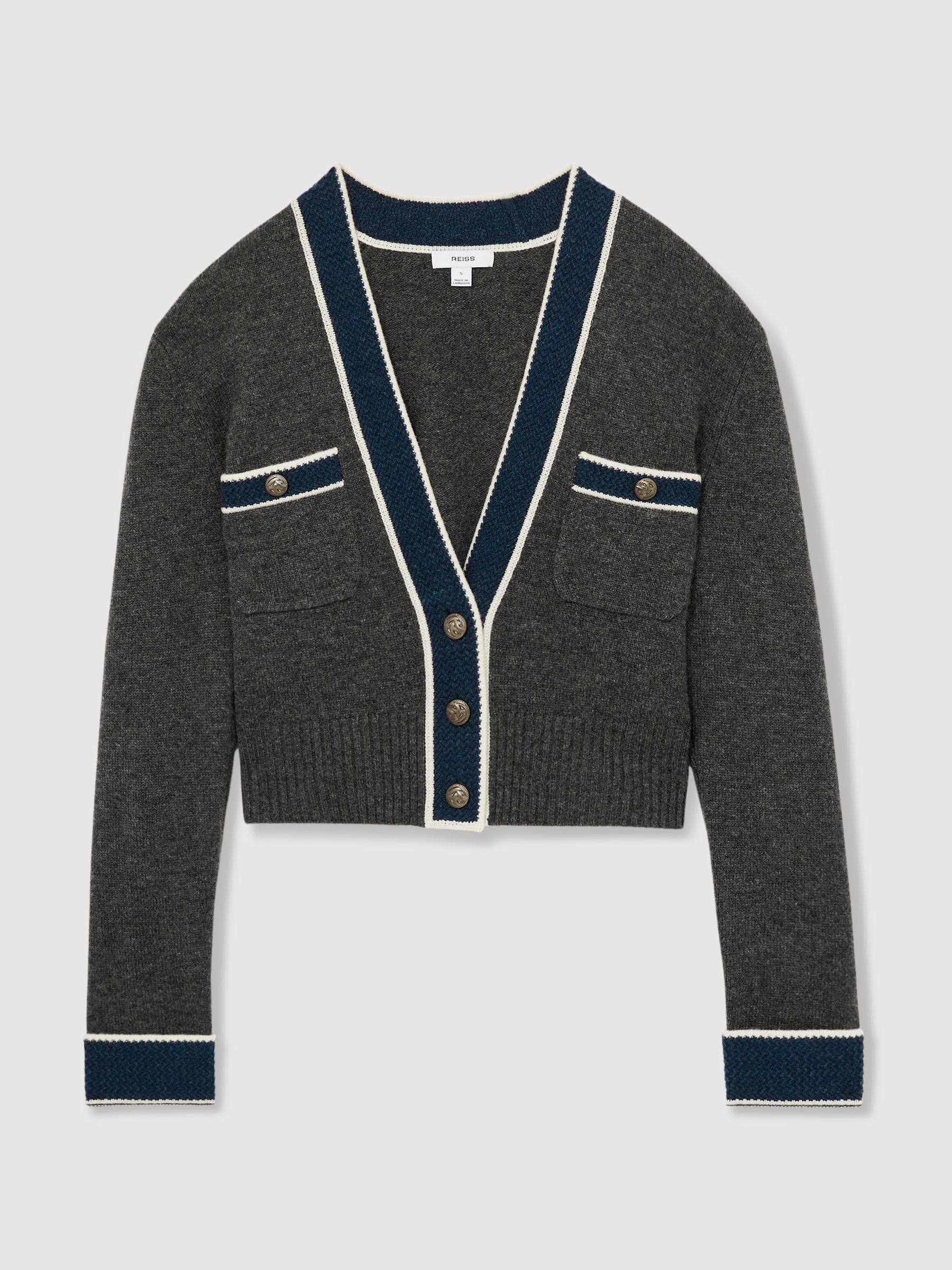 Wool-Cashmere Tipped V-Neck Cardigan in Charcoal - Image 2 of 6