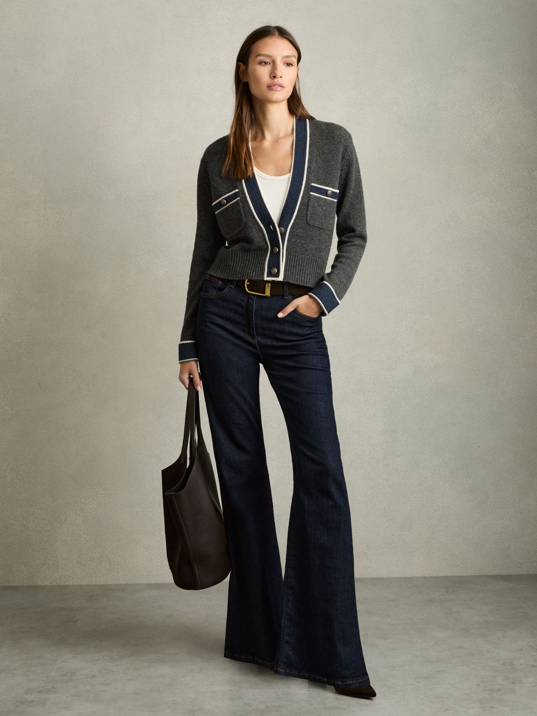 Wool-Cashmere Tipped V-Neck Cardigan in Charcoal - Image 3 of 6