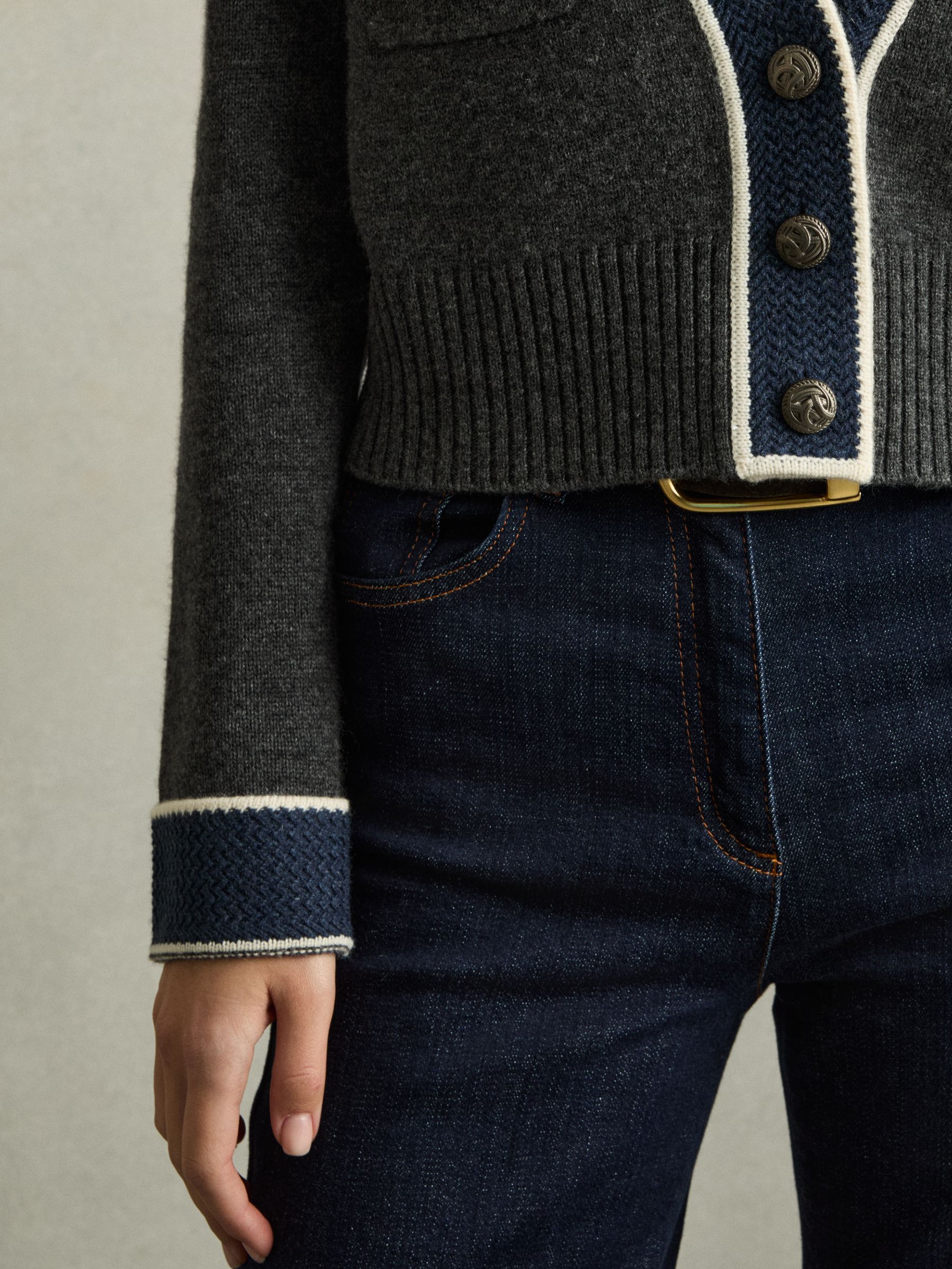 Wool-Cashmere Tipped V-Neck Cardigan in Charcoal - Image 4 of 6