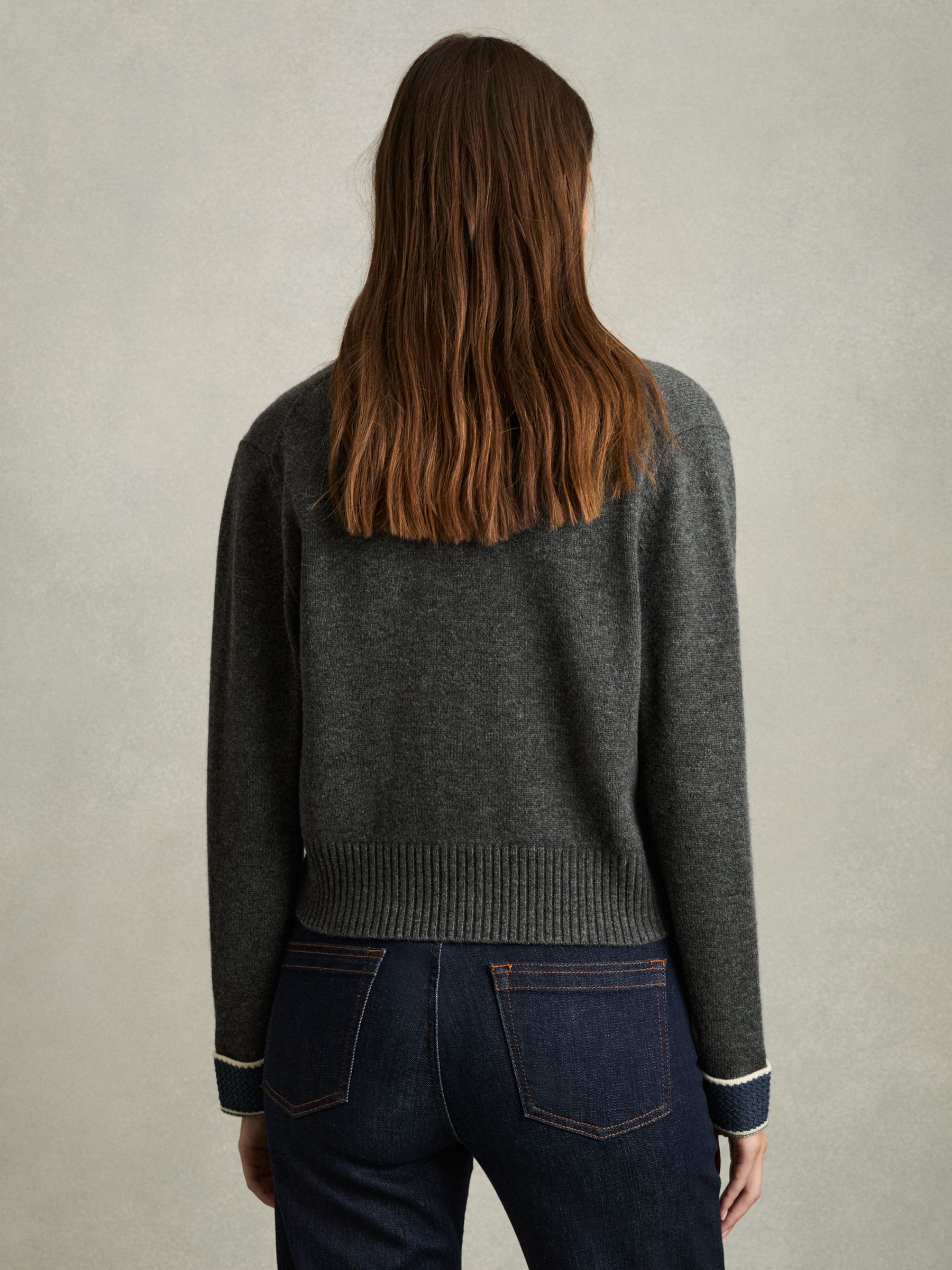 Wool-Cashmere Tipped V-Neck Cardigan in Charcoal - Image 5 of 6