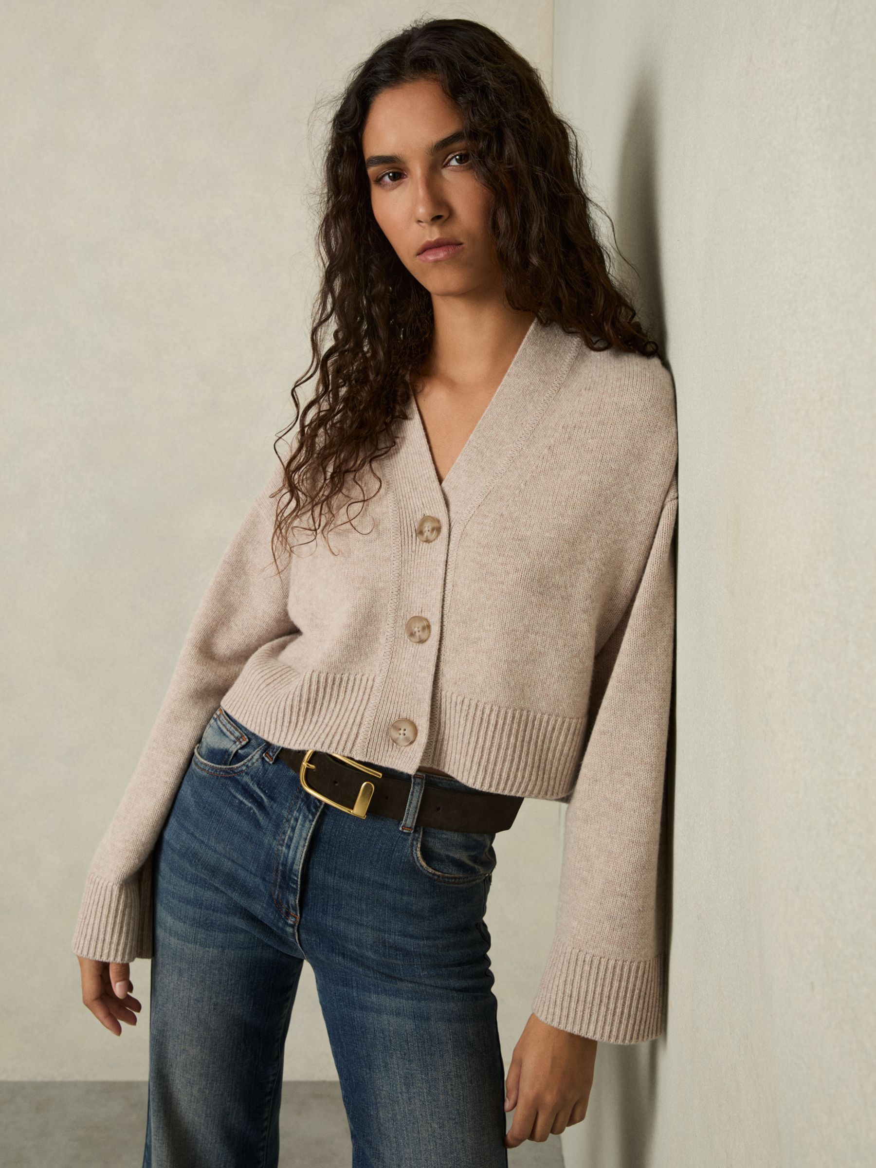 Wool-Cashmere Cropped Cardigan in Oatmeal - Image 1 of 6