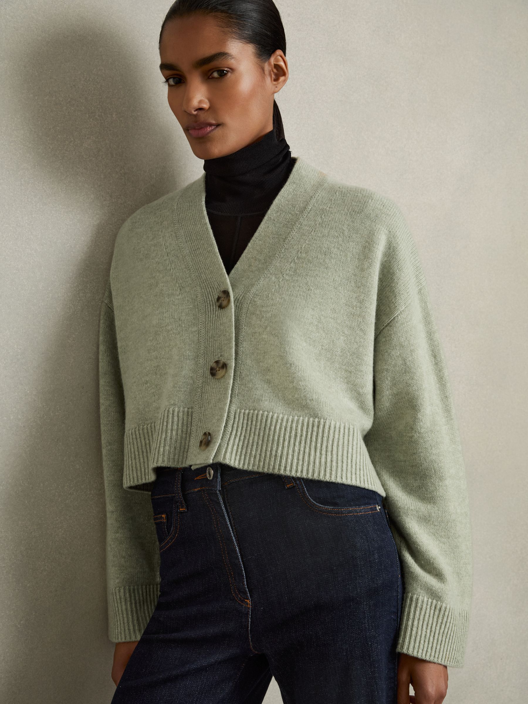 Wool-Cashmere Cropped Cardigan in Sage - Image 1 of 6