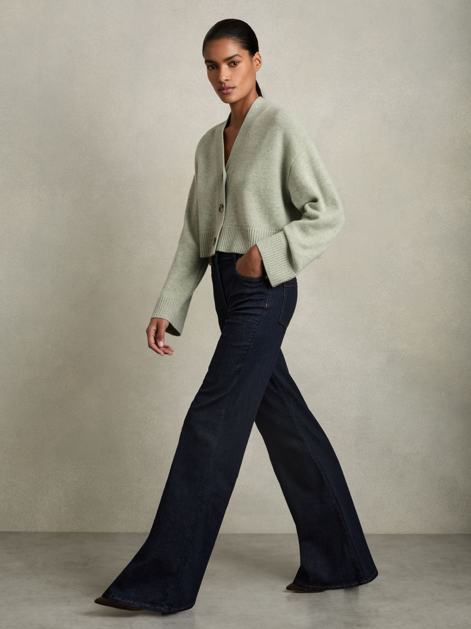 Wool-Cashmere Cropped Cardigan in Sage - Image 3 of 6