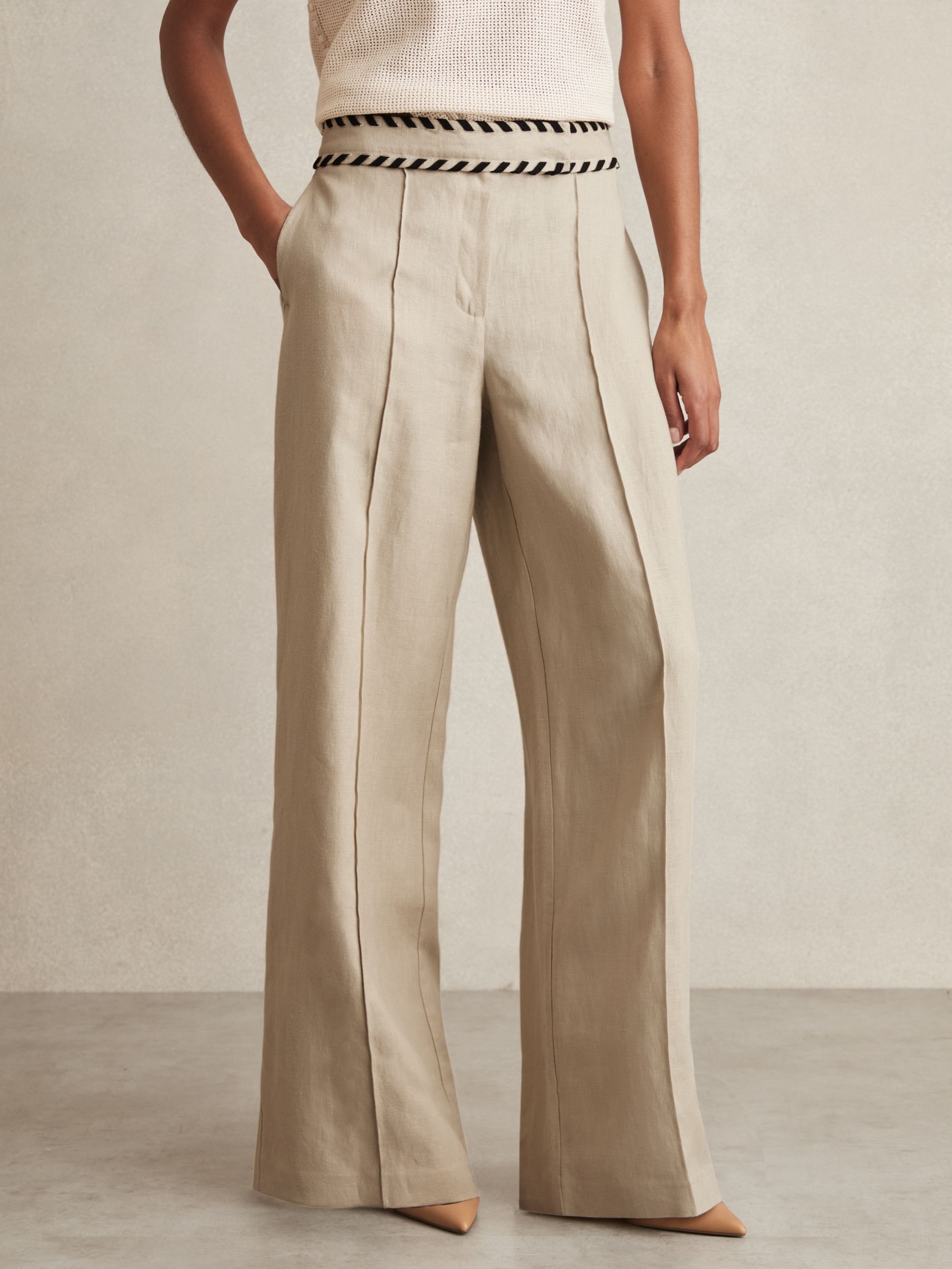 Petite Linen Wide-Leg Whipstitch Trousers in Neutral - Image 1 of 6