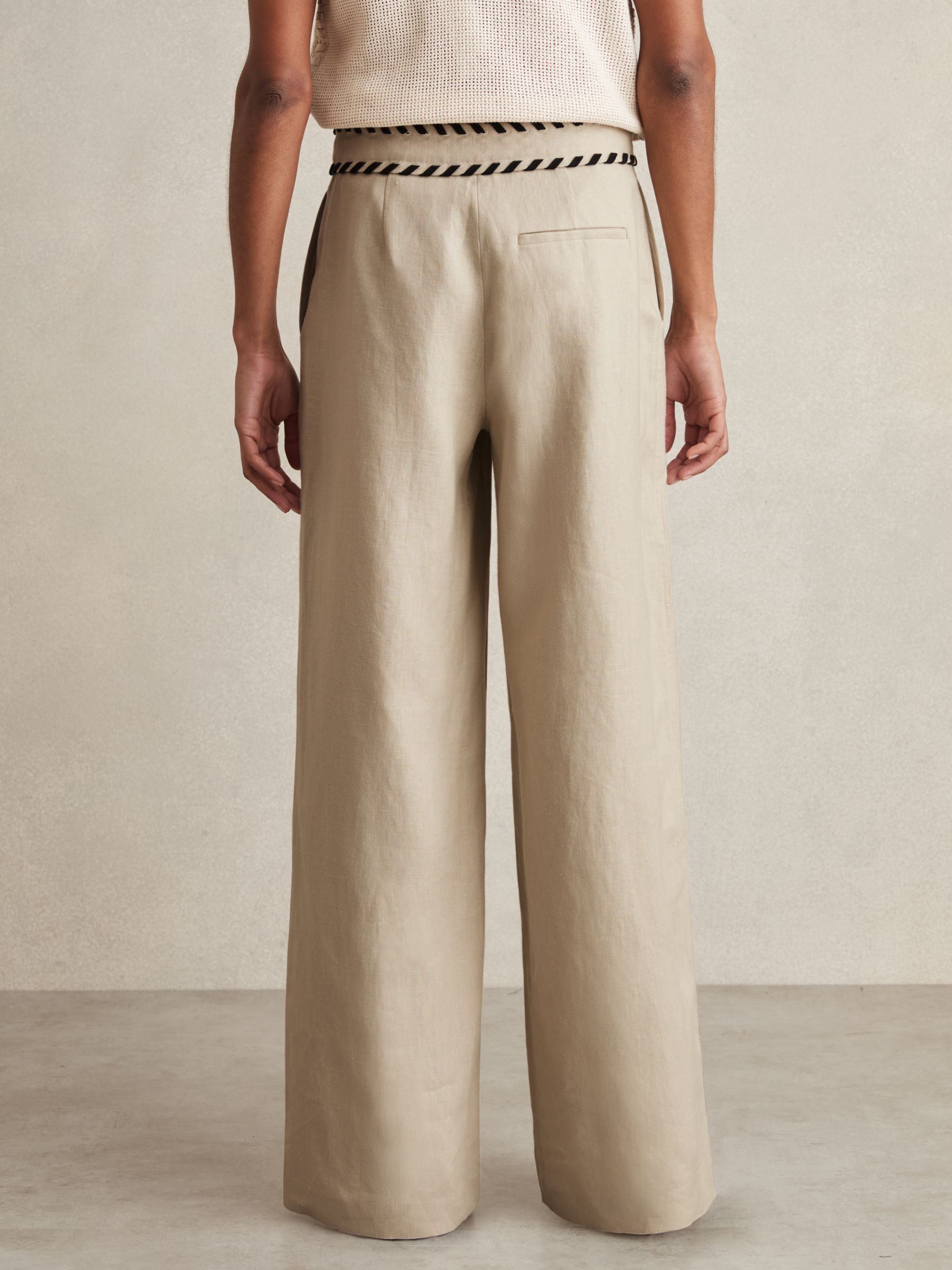 Petite Linen Wide-Leg Whipstitch Trousers in Neutral - Image 4 of 6