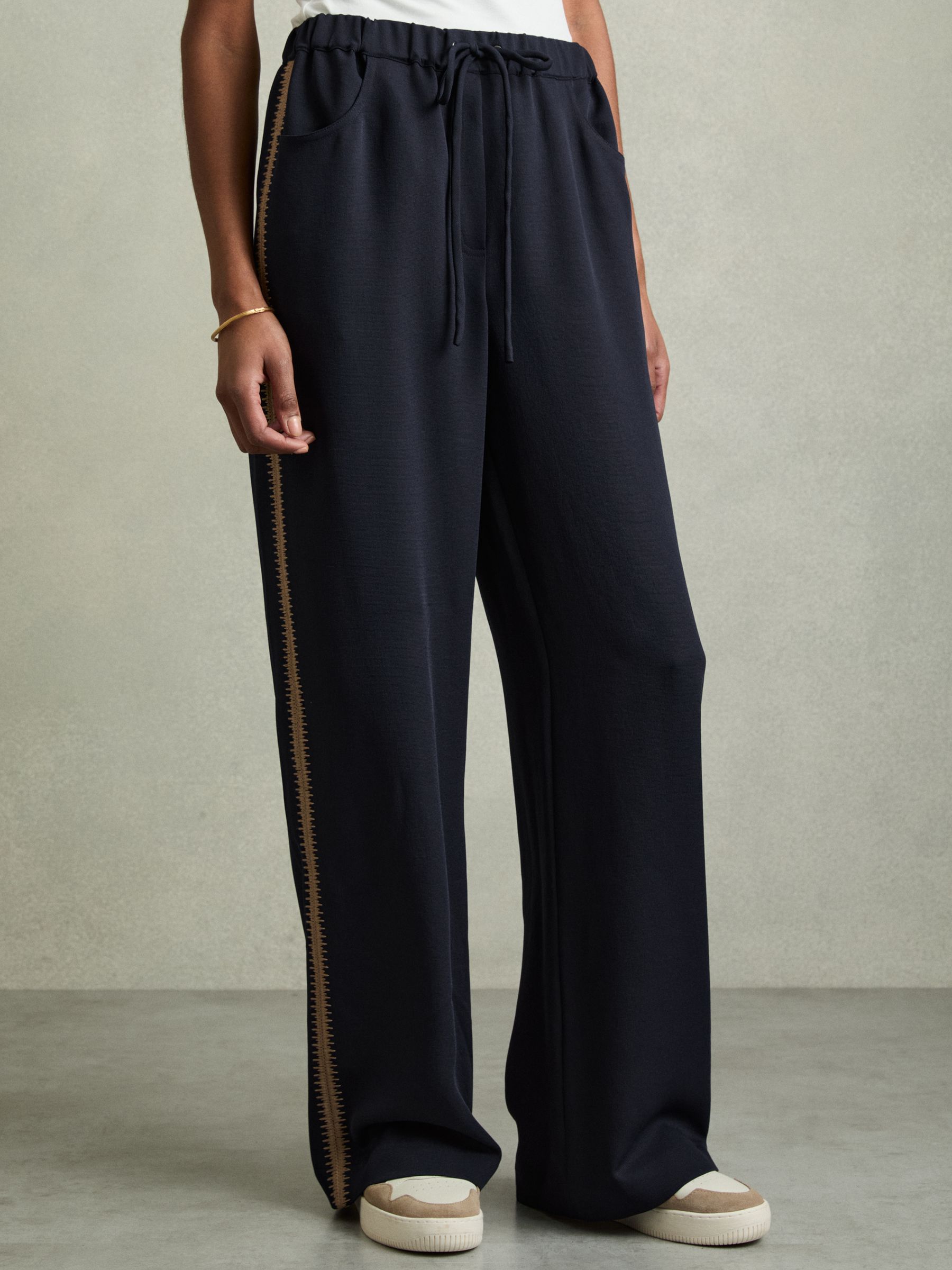 Wide-Leg Embroidered Trousers in Navy - Image 3 of 6