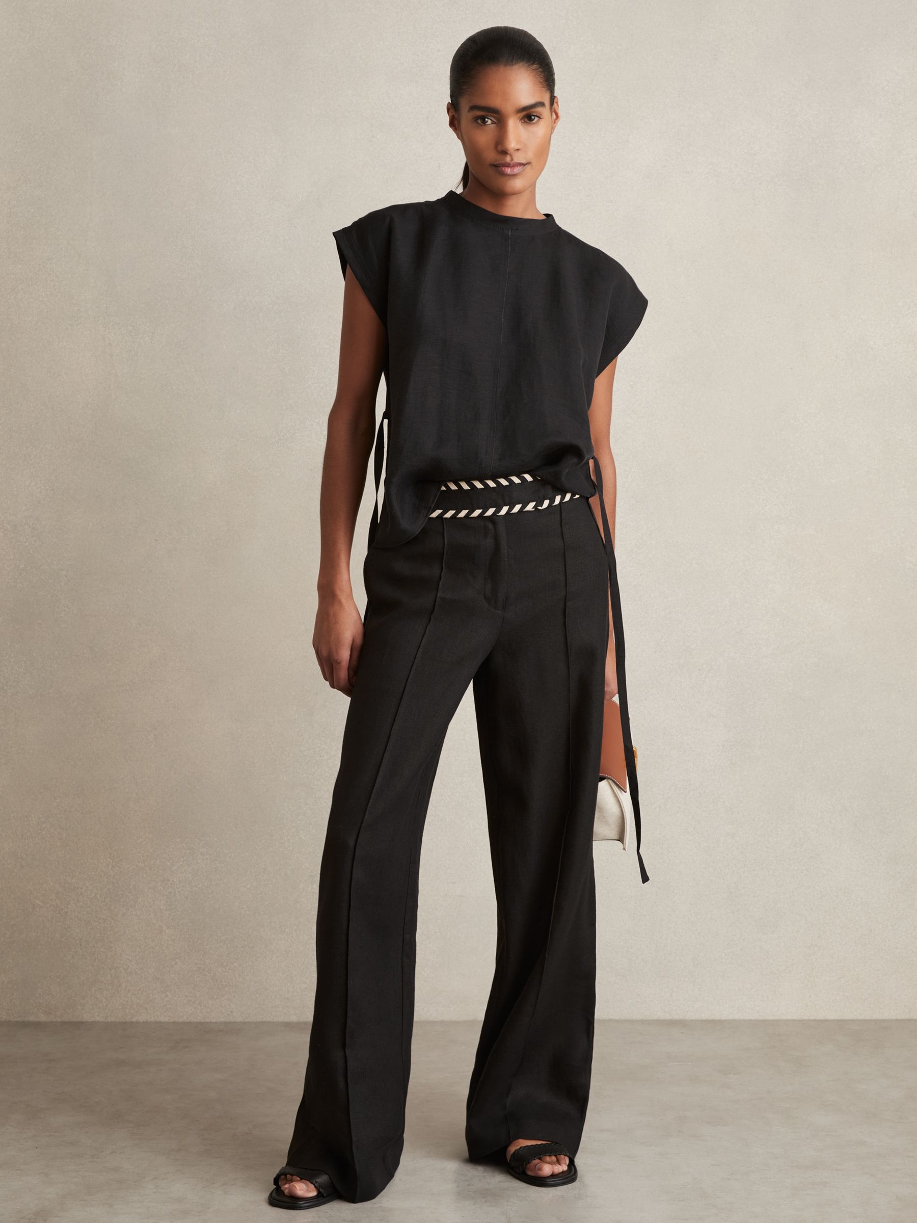 Petite Linen Wide-Leg Whipstitch Trousers in Black - image 3