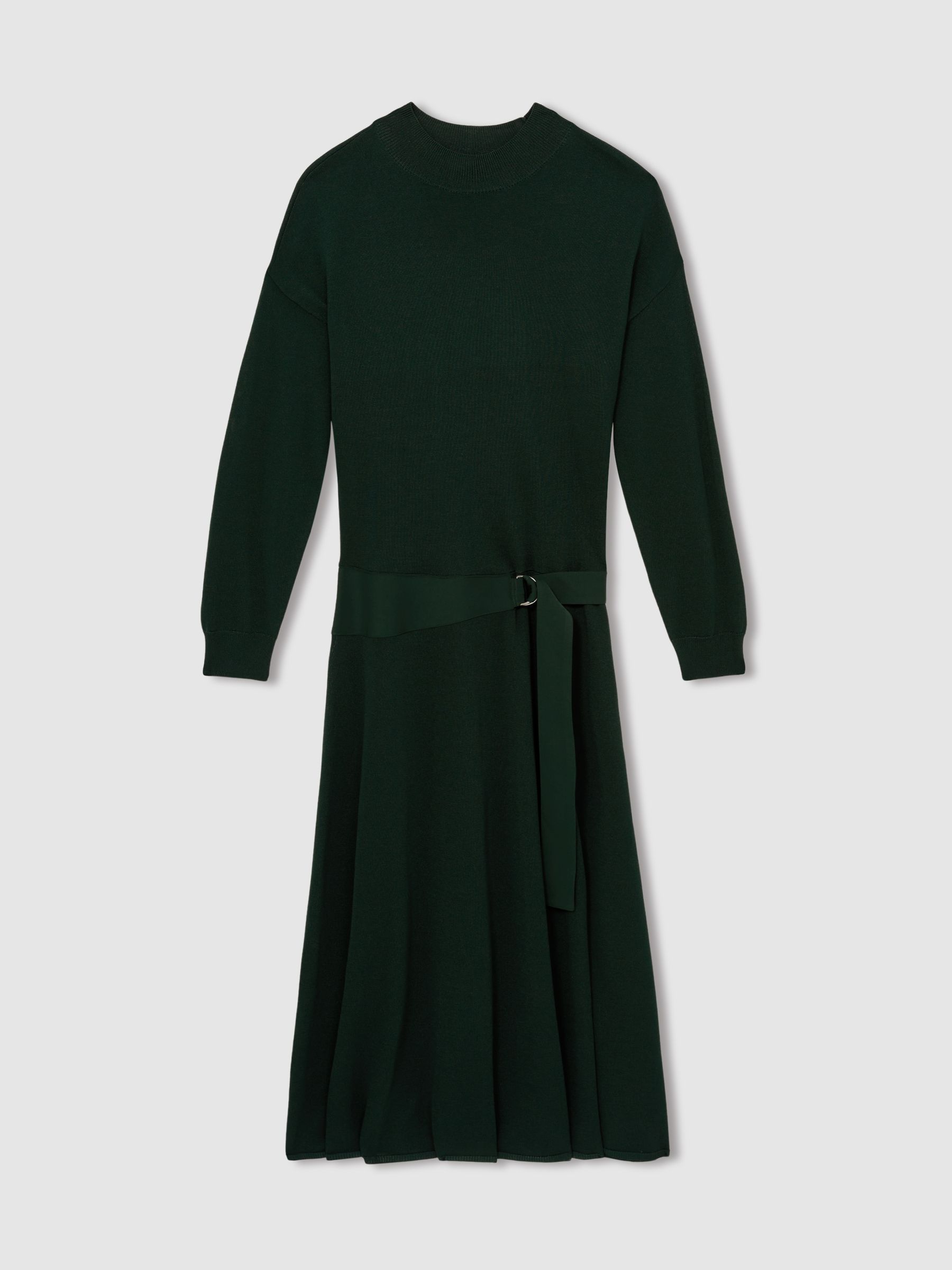 Compact-Knit Belted Midi Dress in Dark Green