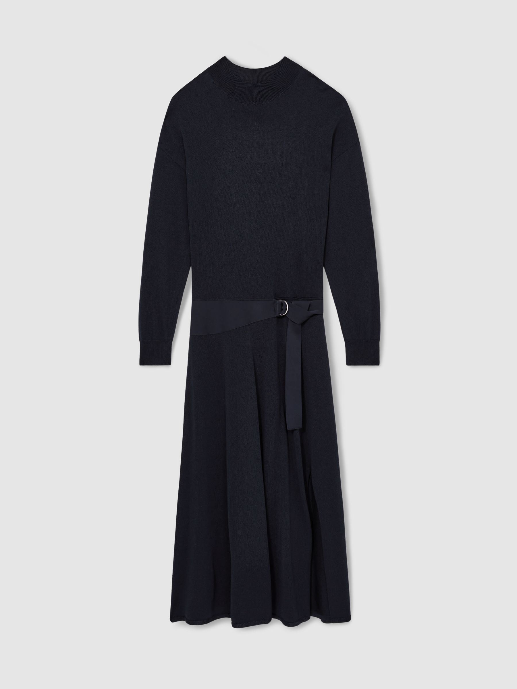 Compact-Knit Belted Midi Dress in Navy - Image 3 of 7