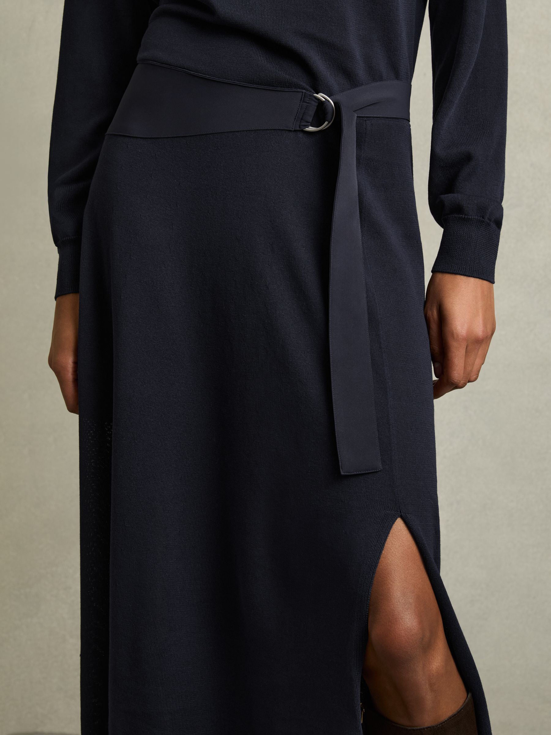 Compact-Knit Belted Midi Dress in Navy - Image 4 of 7