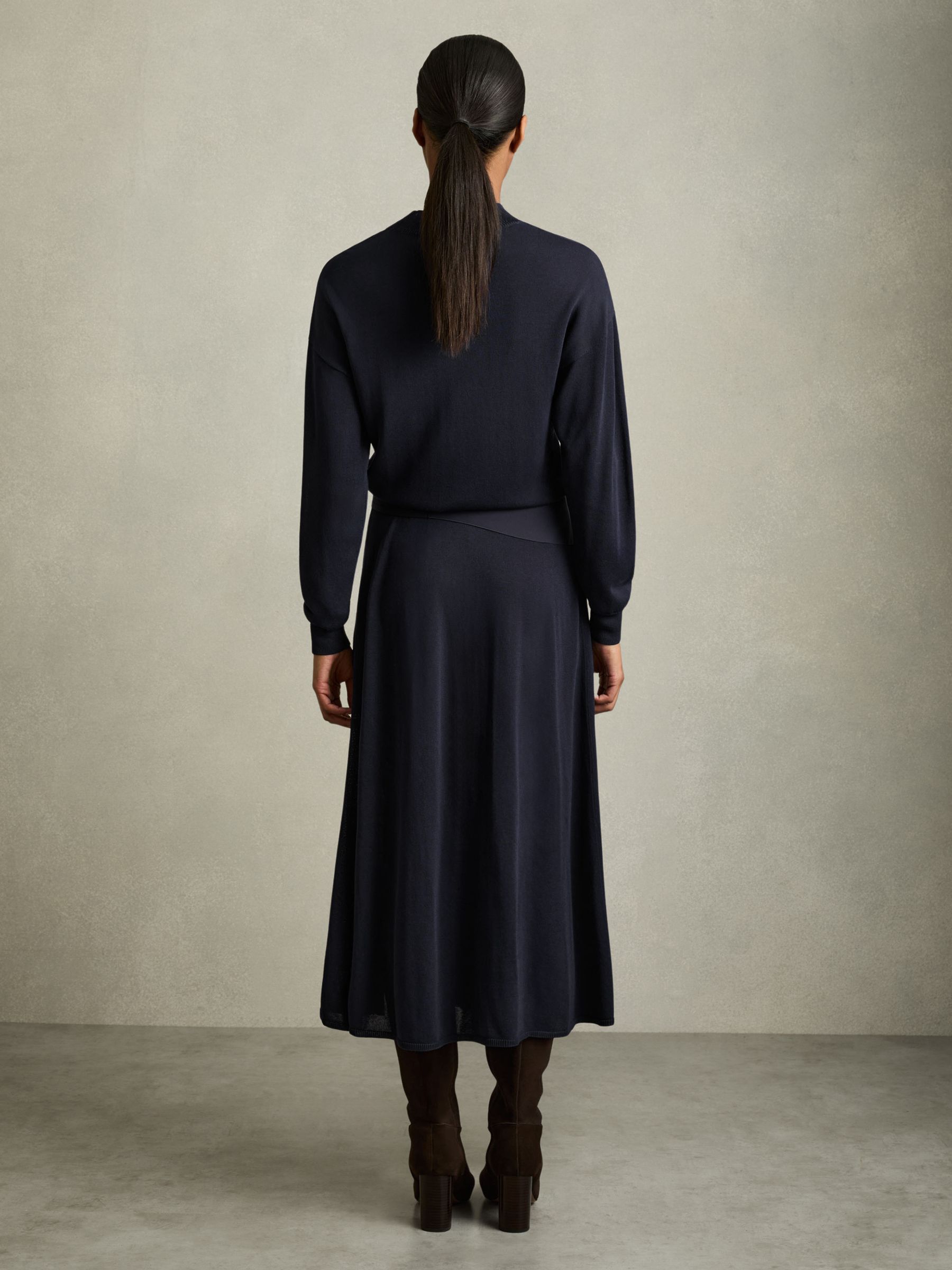 Compact-Knit Belted Midi Dress in Navy - Image 6 of 7