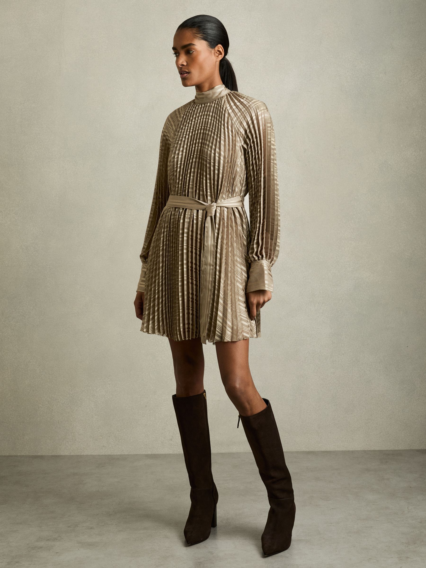 Pleated Belted Mini Dress in Sage - Image 6 of 7