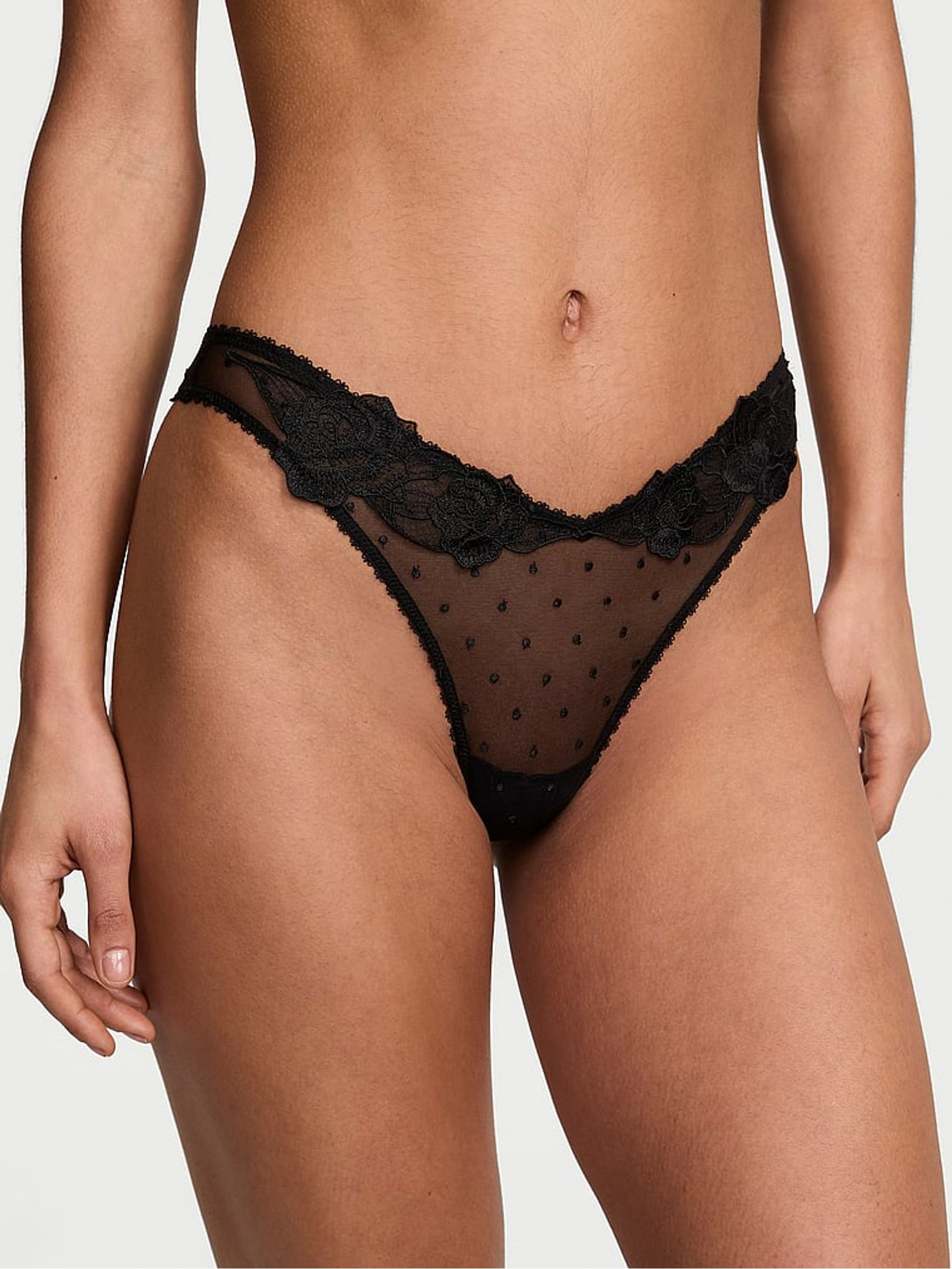 Black Thong Sheer Rose Knickers - Image 1 of 3
