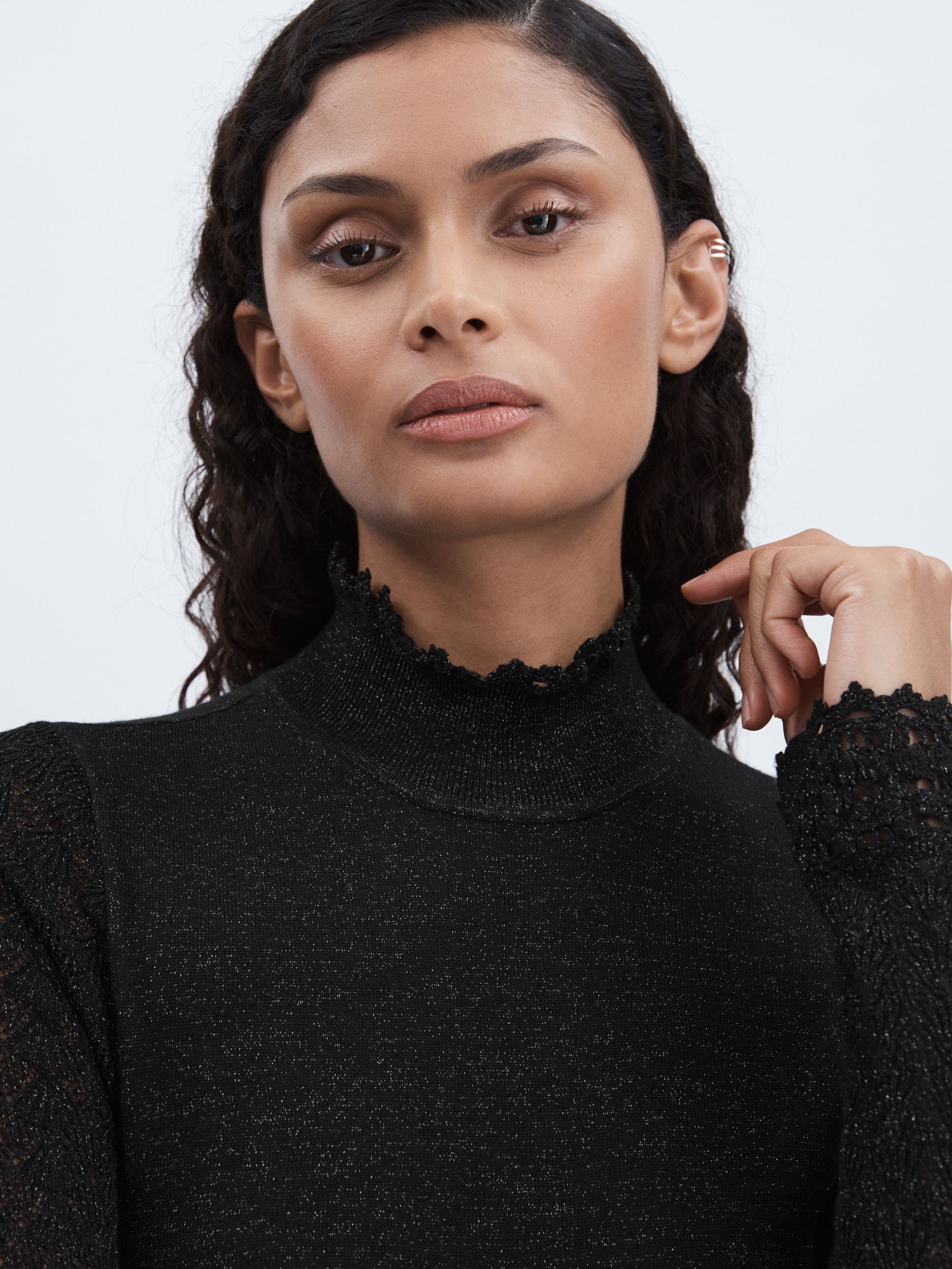 Metallic Thread Pointelle Stitch Top in Black - image 3