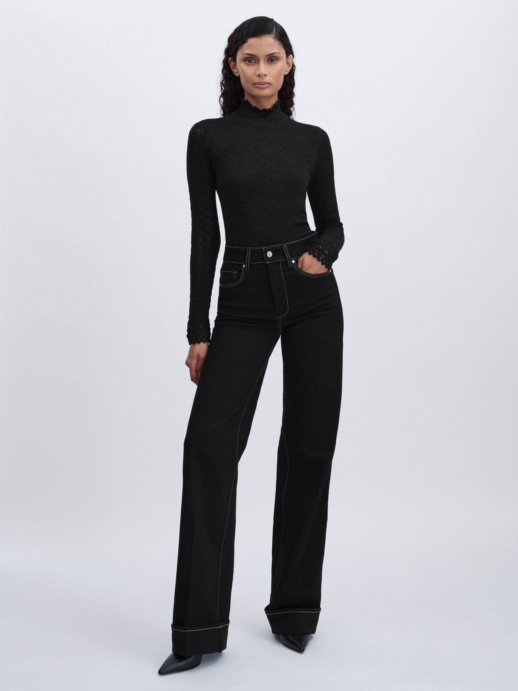 Paige Metallic Thread Pointelle Stitch Top in Black - Image 4 of 6