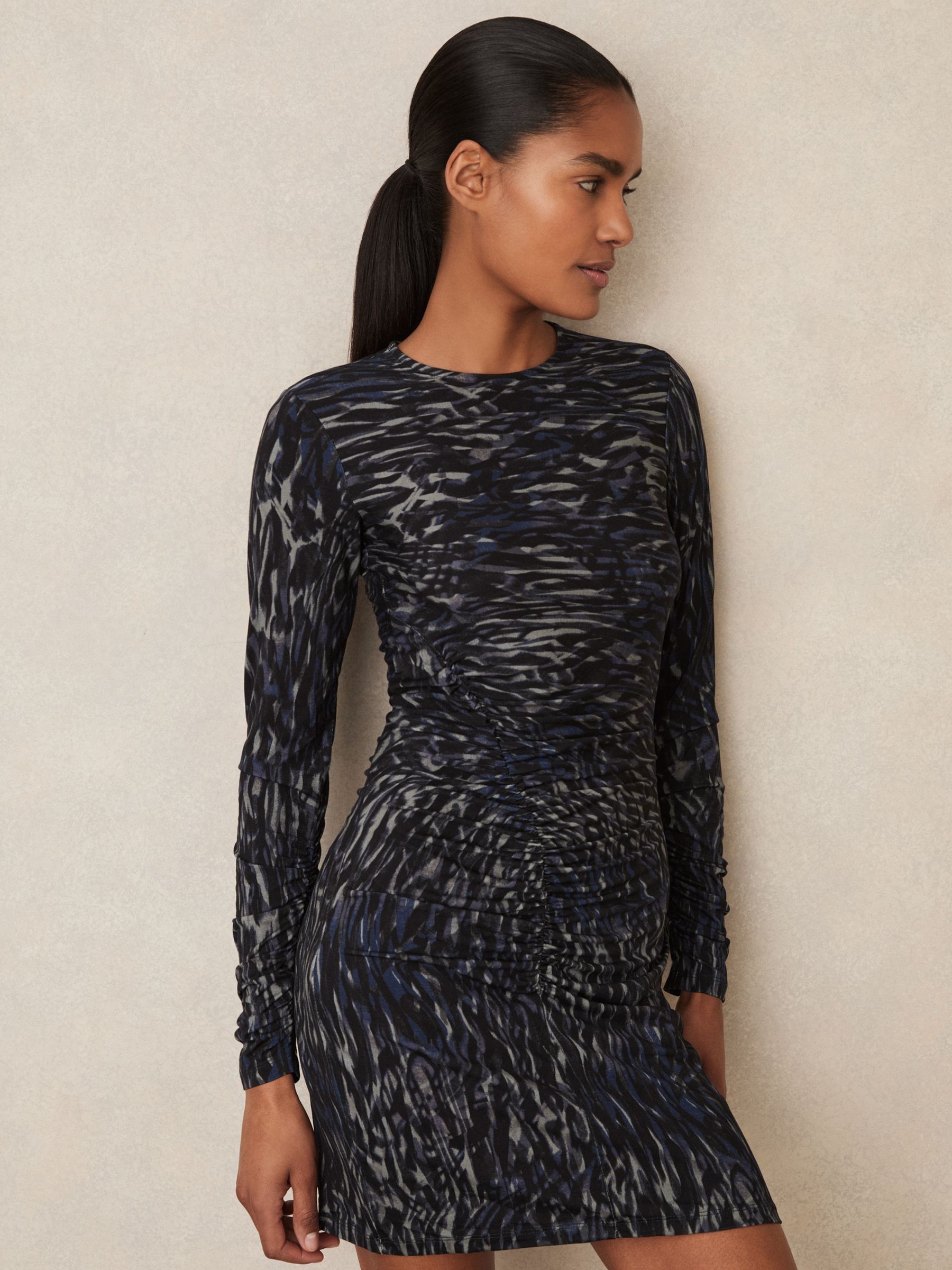 Printed Jersey Ruched Mini Dress in Charcoal - Image 3 of 6