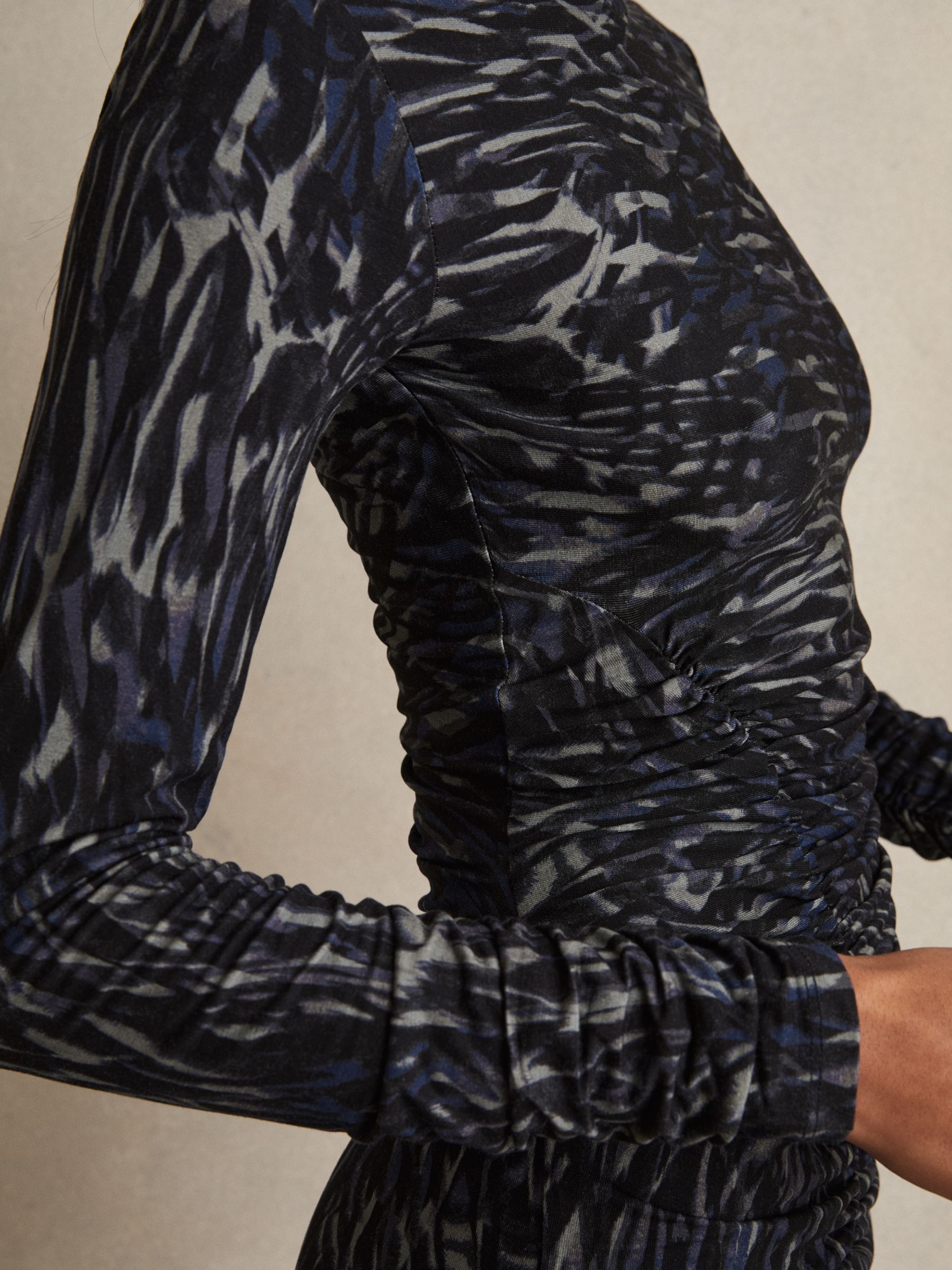 Printed Jersey Ruched Mini Dress in Charcoal - image 4