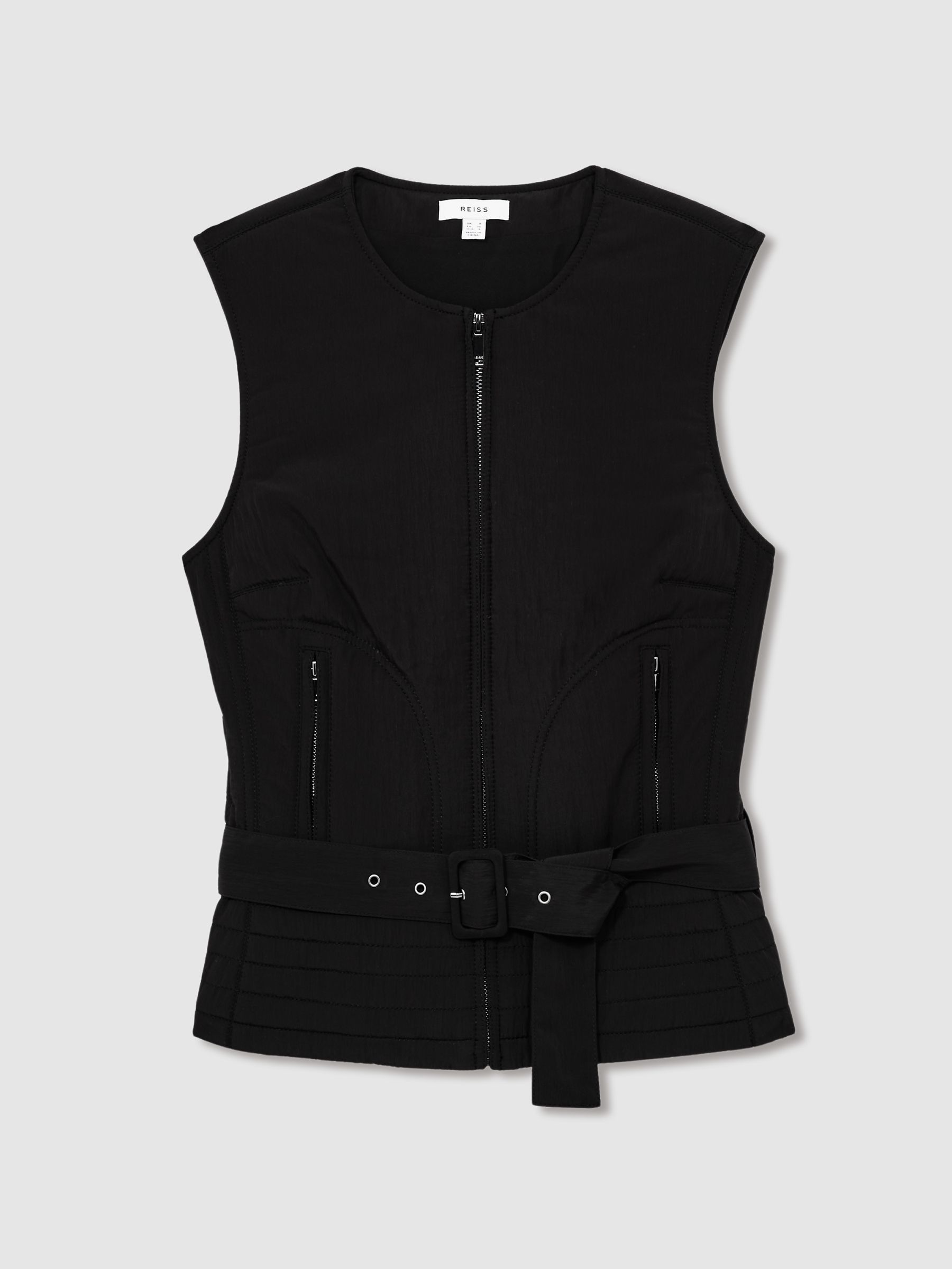 Quilted Zip-Through Belted Vest in Black - Image 2 of 6
