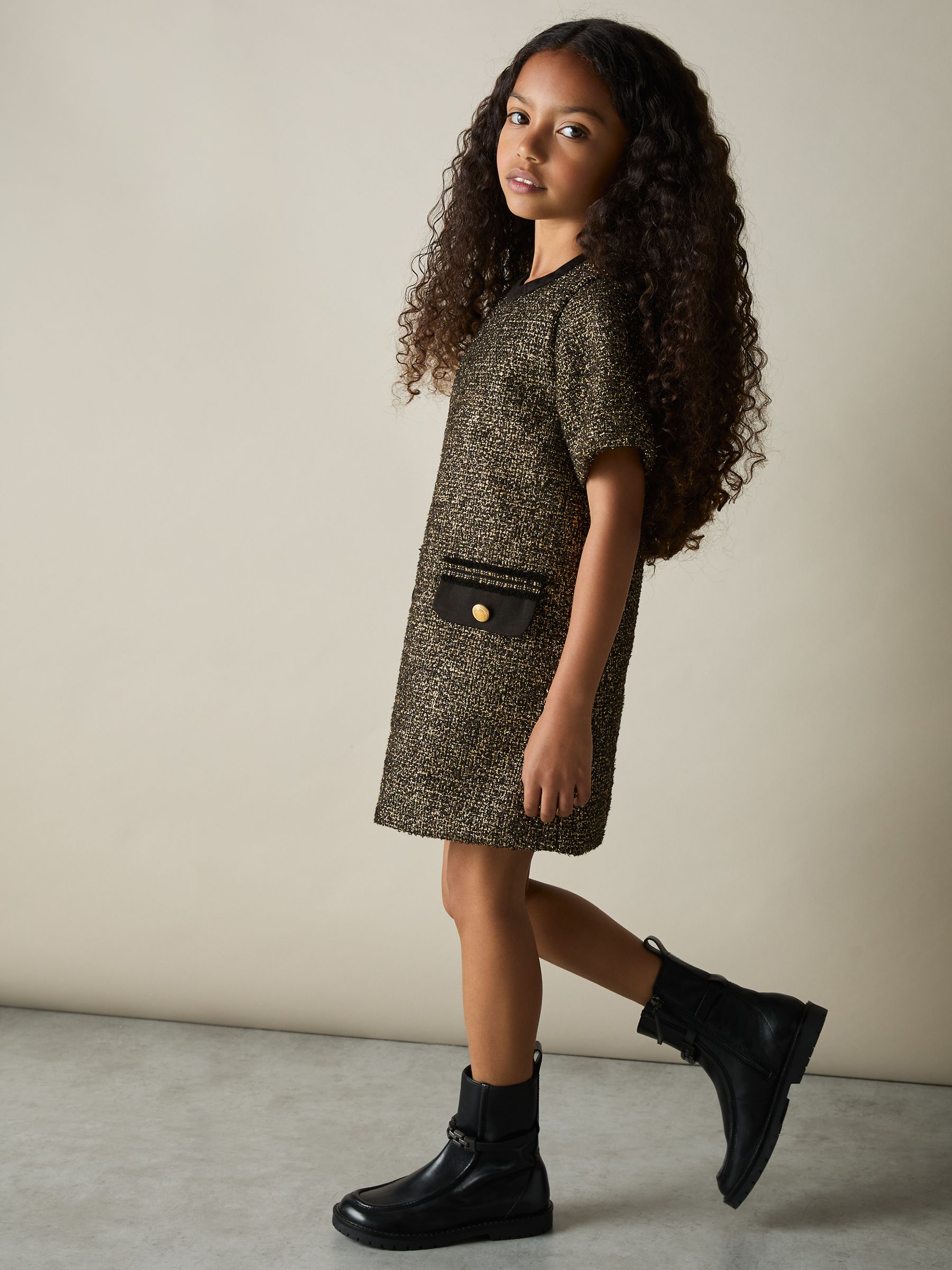 4-9 yrs Tweed Metallic-Thread Shift Dress in Gold - Image 1 of 4