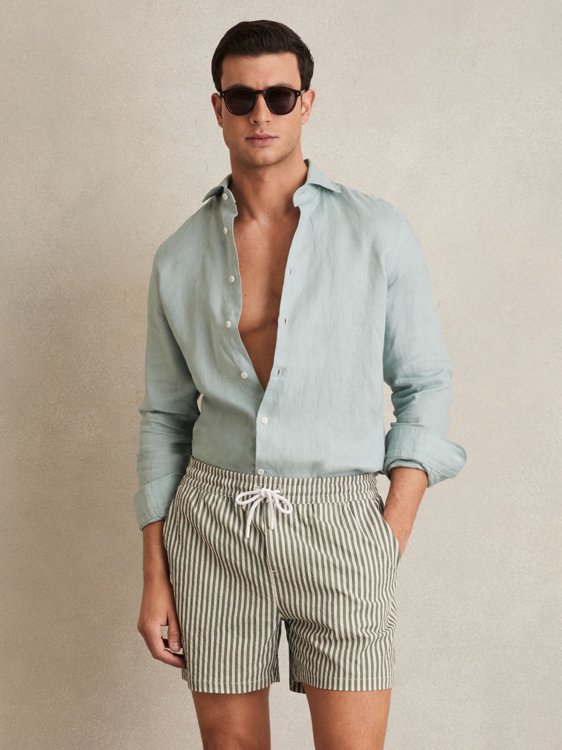 Seersucker Stripe Swim Shorts in Sage/White - Image 3 of 6