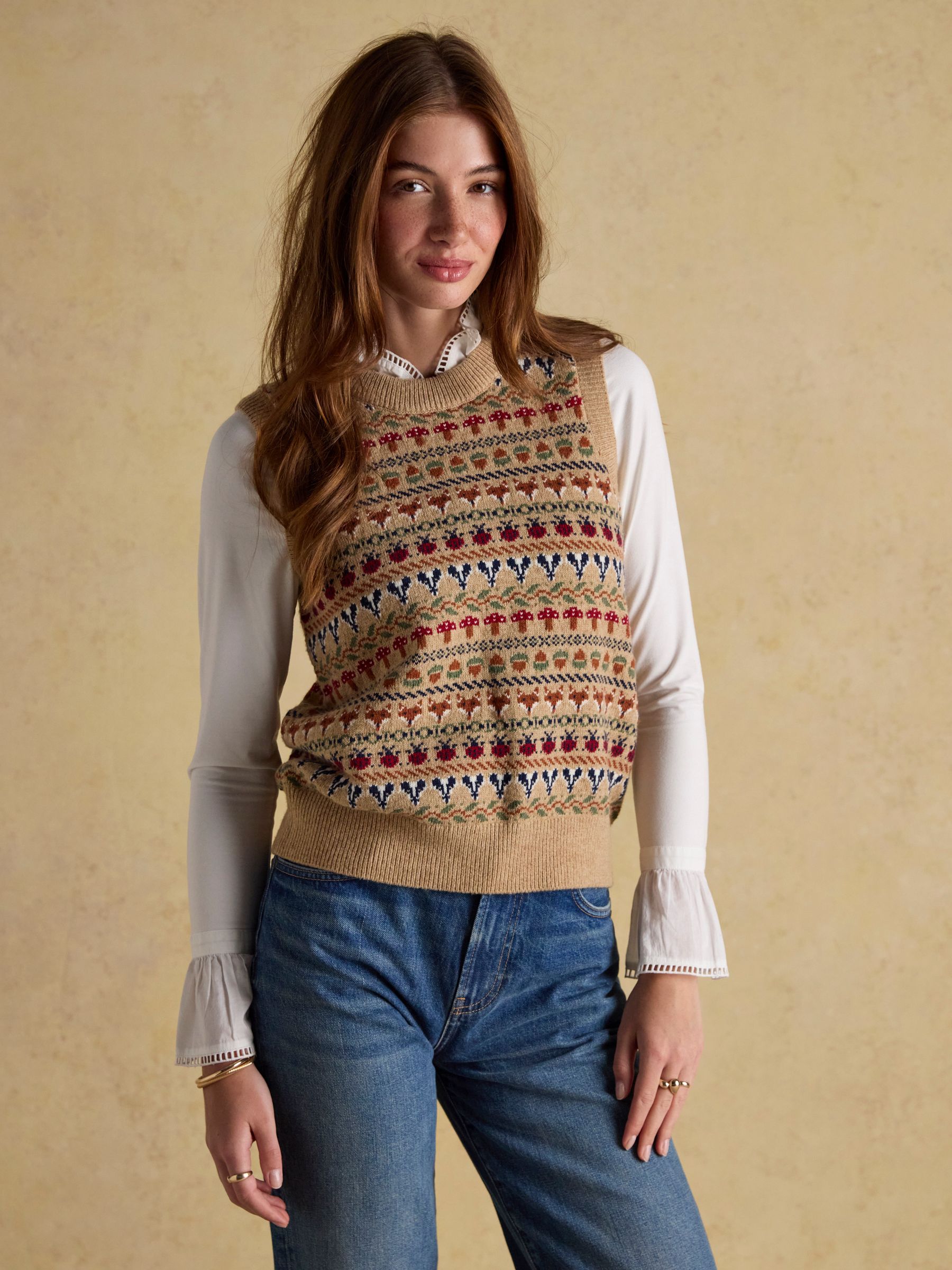 Woodland Oatmeal Cotton-Rich Intarsia Crew Neck Knitted Vest Joules