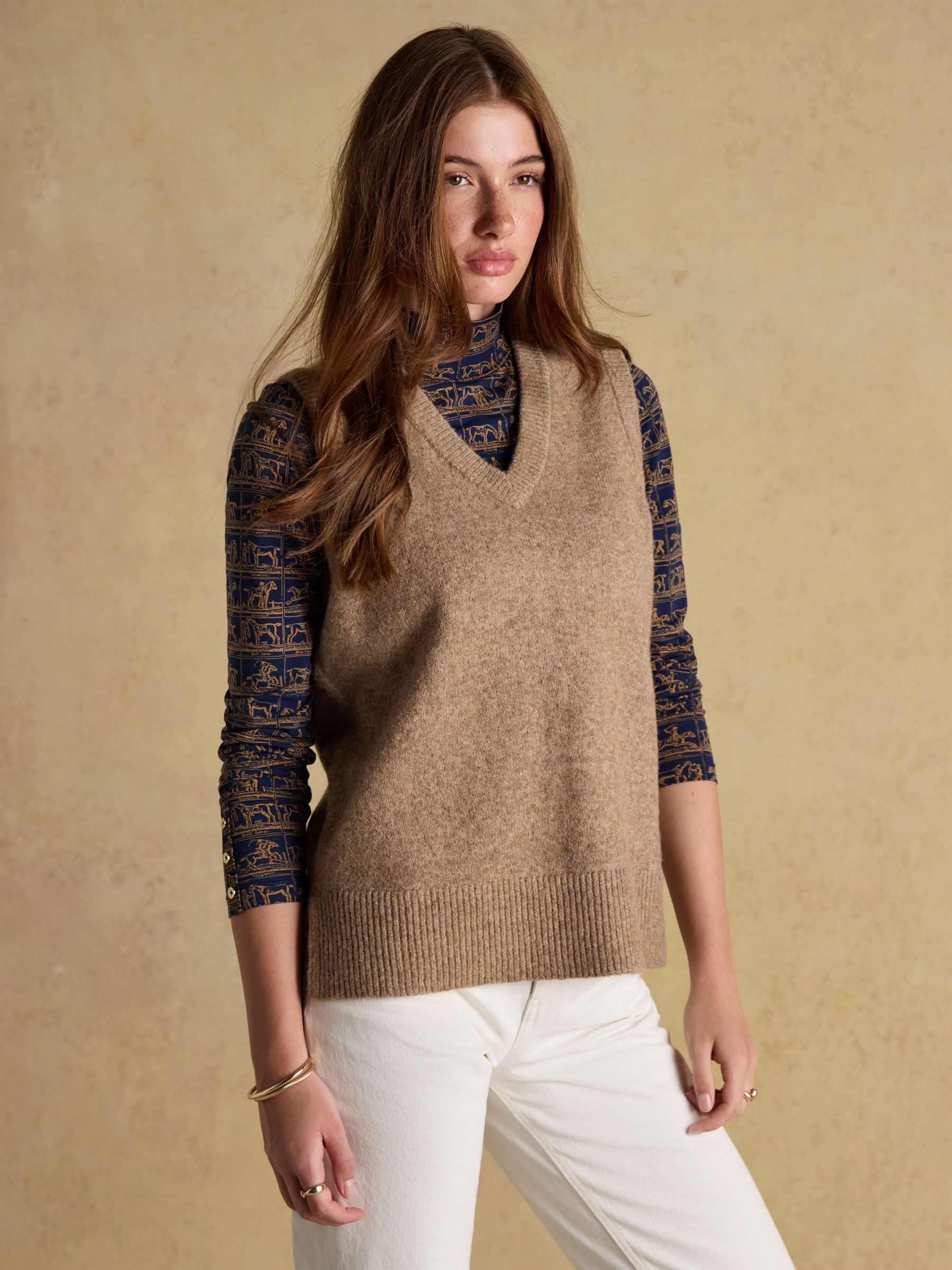 Holly Tan Brown V-Neck Longline Knitted Vest - Image 1 of 8