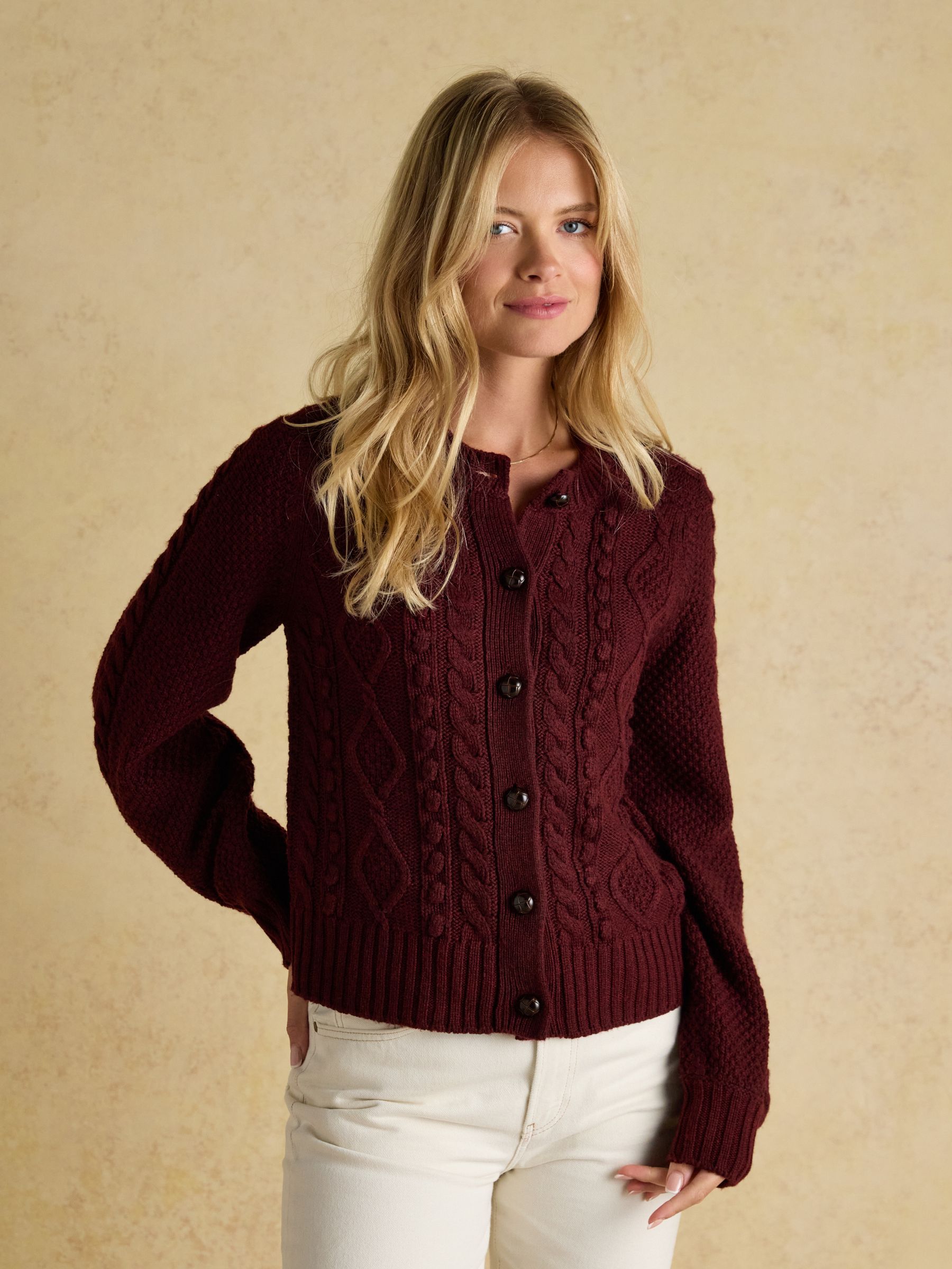 Rafferty Wine Cable Knit Cardigan - Image 1 of 9