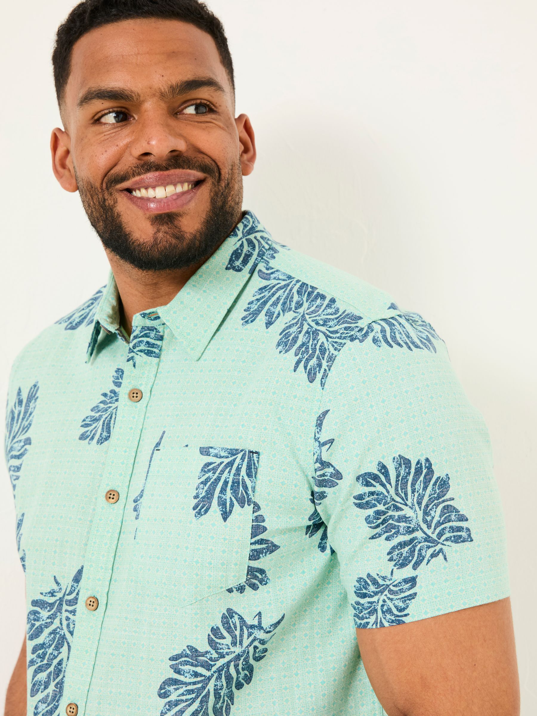 Mint Green Short Sleeve Banana Leaf Print 100% Cotton Shirt - Image 6 of 8