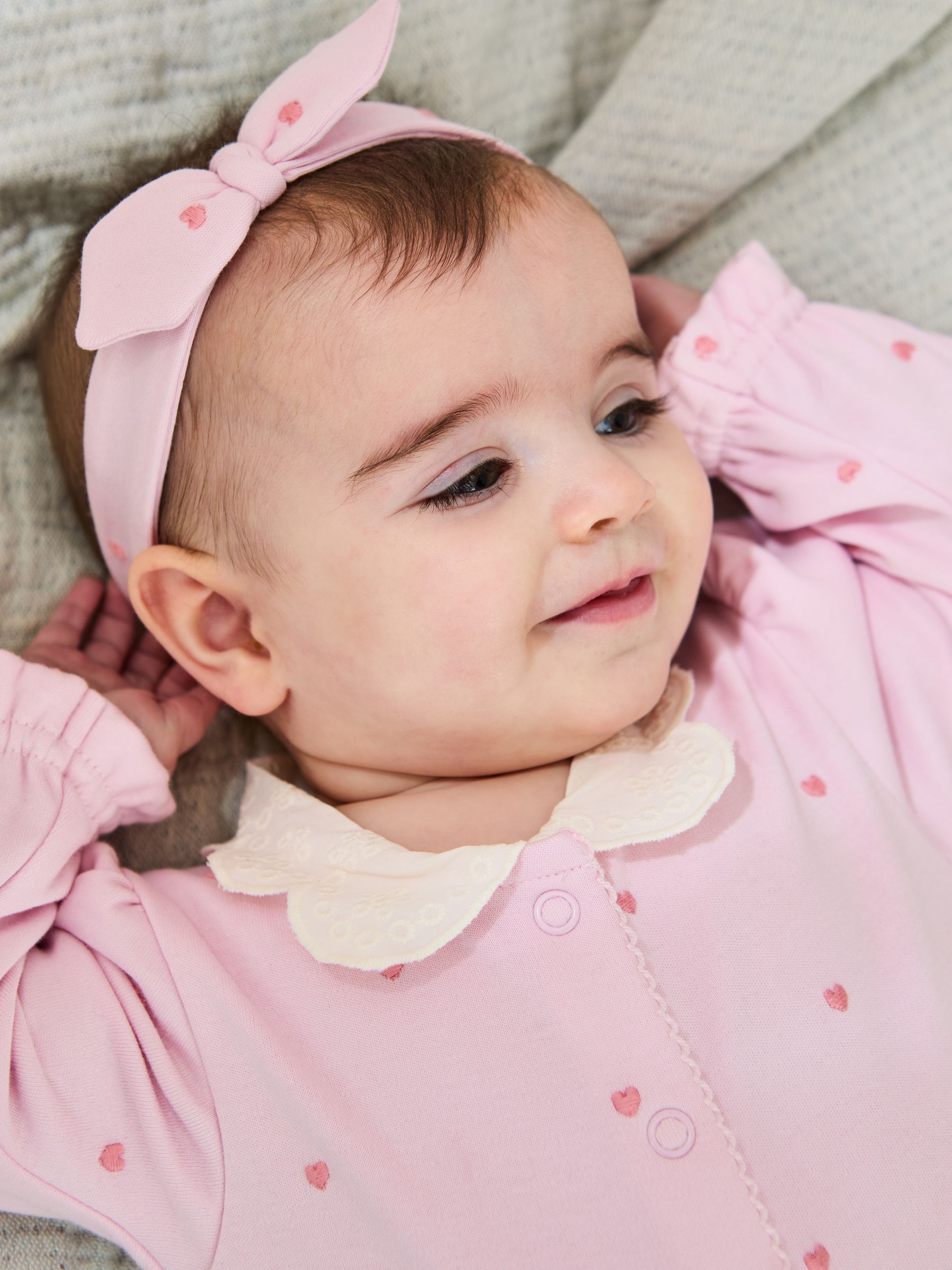 Pink Cotton Collared 2-Piece Embroidered Sleepsuit and Headband Set - Image 2 of 6