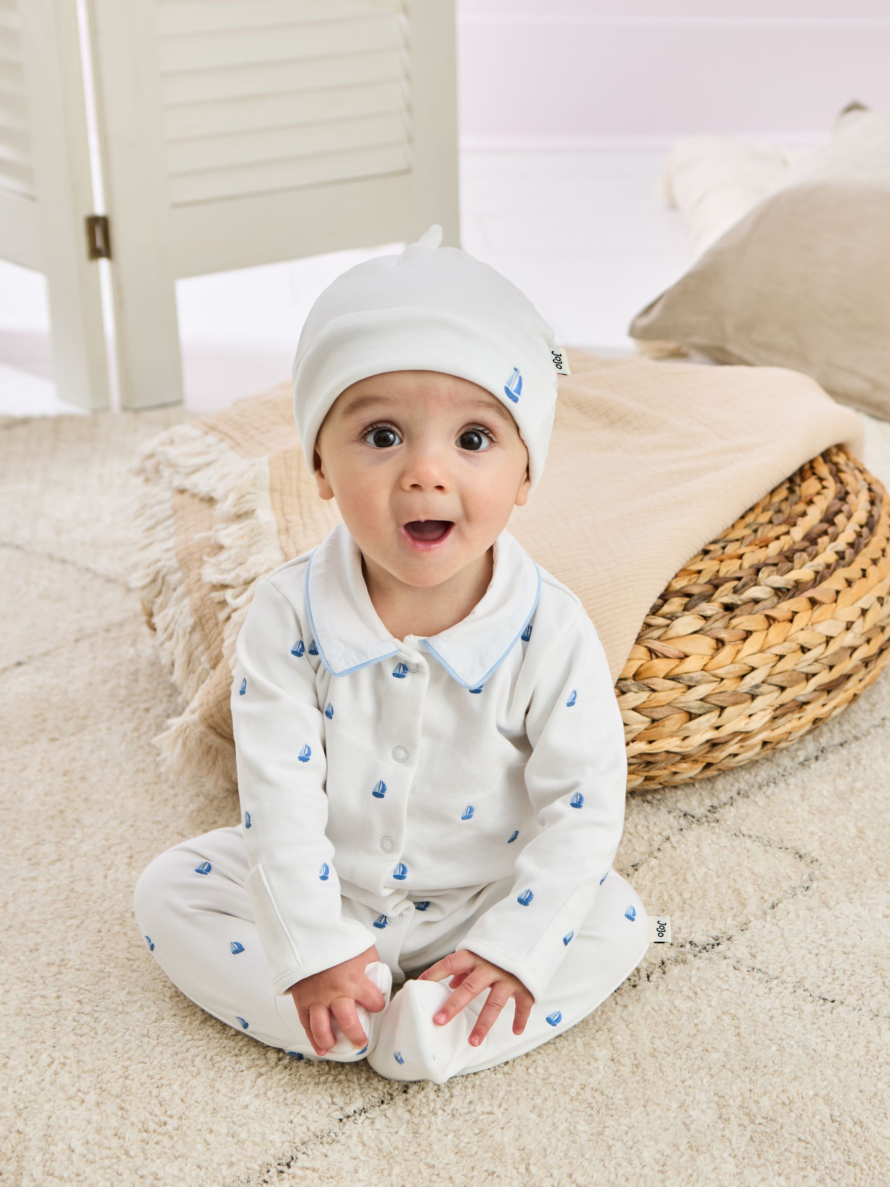 White Cotton 2-Piece Embroidered Sleepsuit and Hat Set - Image 2 of 7